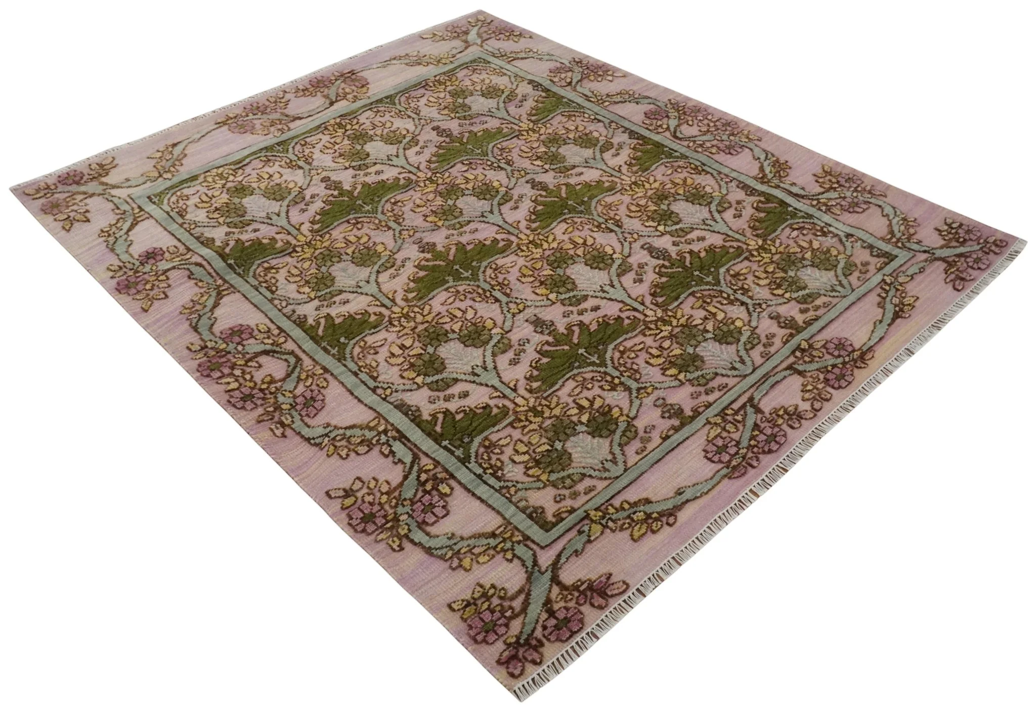 Hand Knotted Pink, Green and Beige Floral Traditional Antique Style Wool Area Rug - Image 8