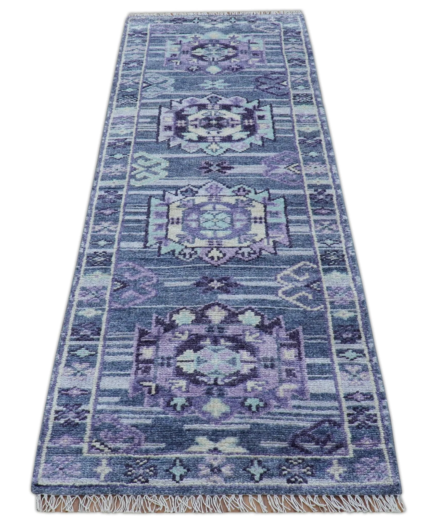 Hand knotted 2.6x8 Purple transitional geometrical Design Wool Area Rug - Image 10