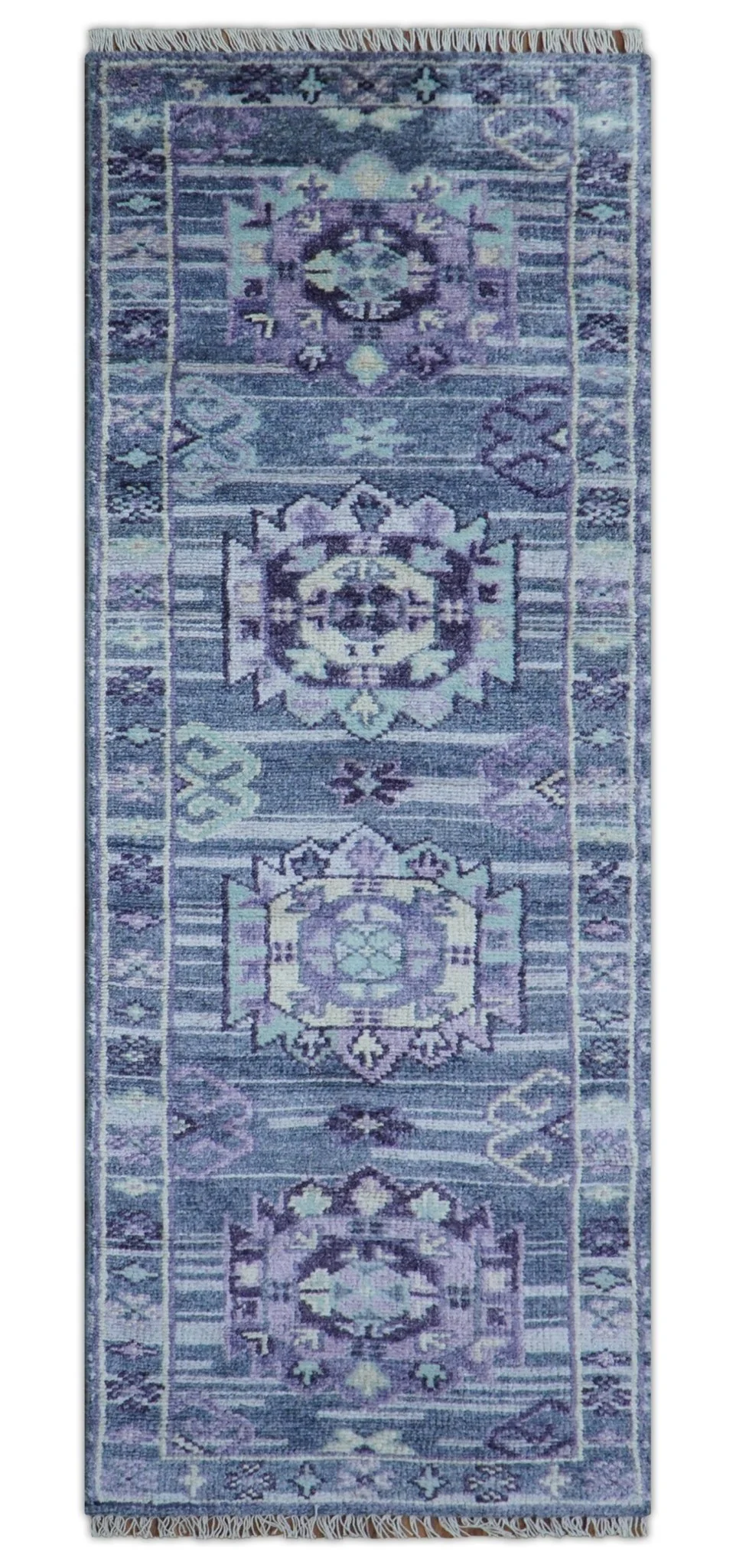 Hand knotted 2.6x8 Purple transitional geometrical Design Wool Area Rug - Image 2
