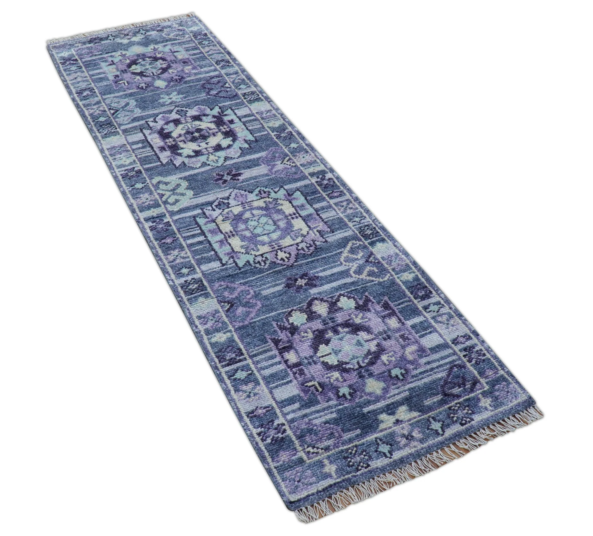 Hand knotted 2.6x8 Purple transitional geometrical Design Wool Area Rug - Image 9