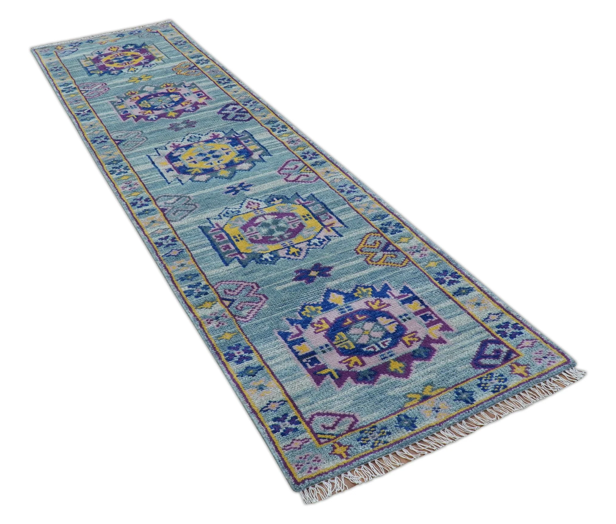 Hand knotted 2.6x10 Purple and Blue transitional geometrical Design Wool Area Rug - Image 8
