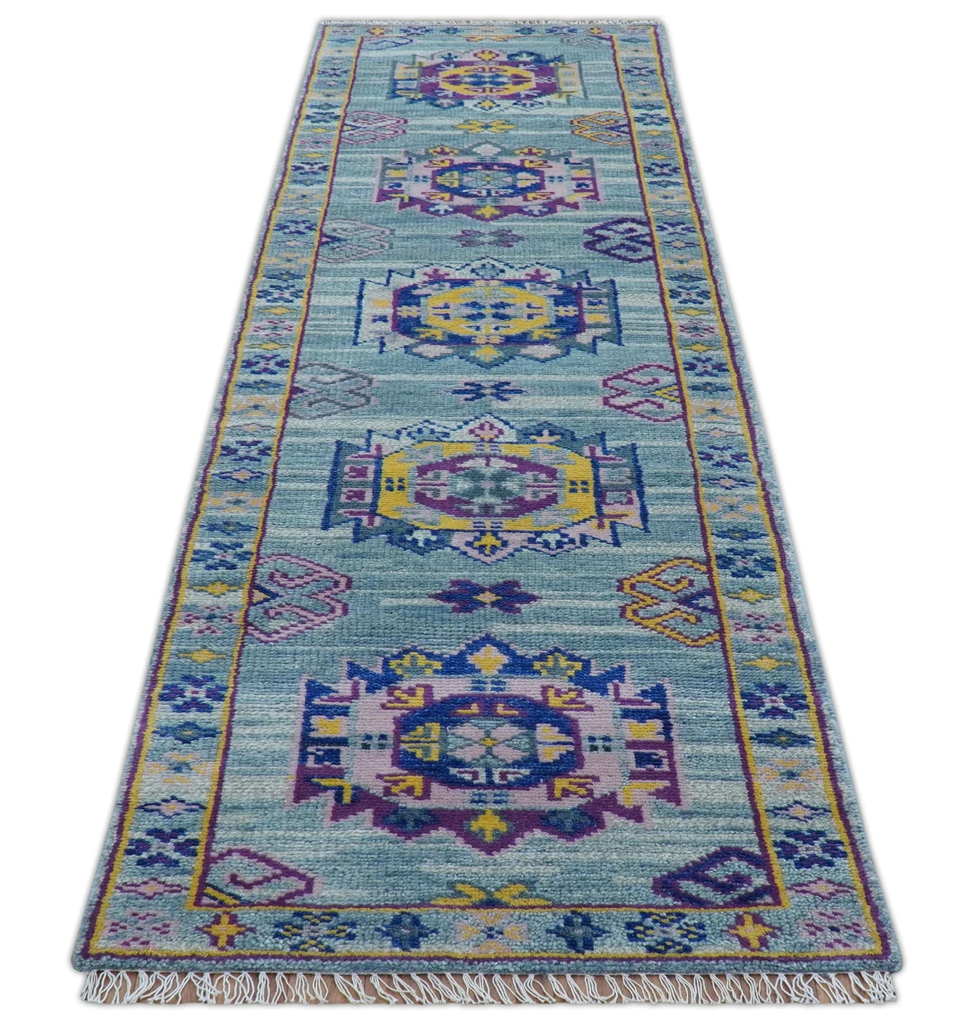 Hand knotted 2.6x10 Purple and Blue transitional geometrical Design Wool Area Rug - Image 9