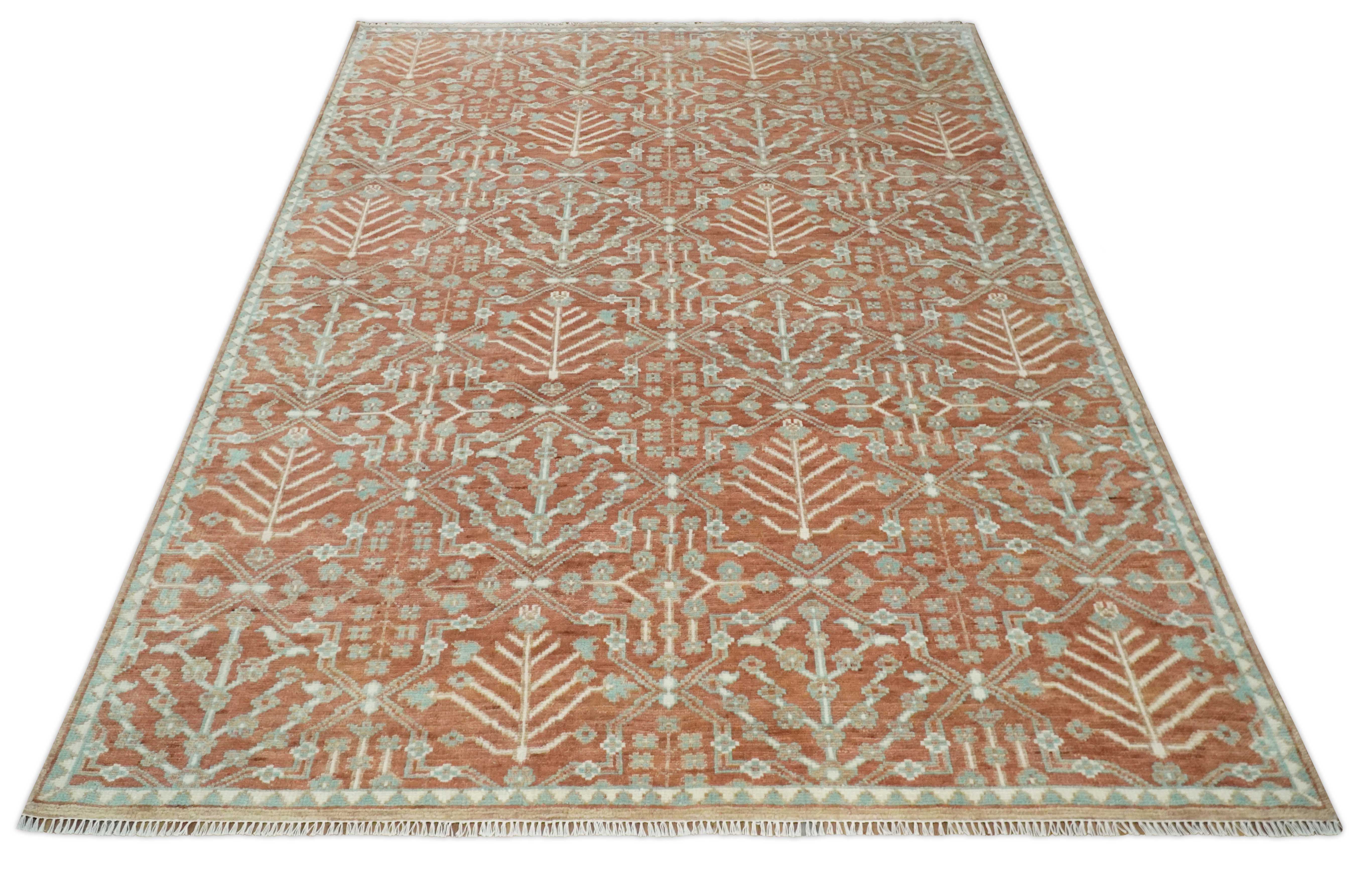 Hand knotted 9.4x12 Rust and Aqua Floral Tree wool Area Rug - Image 10