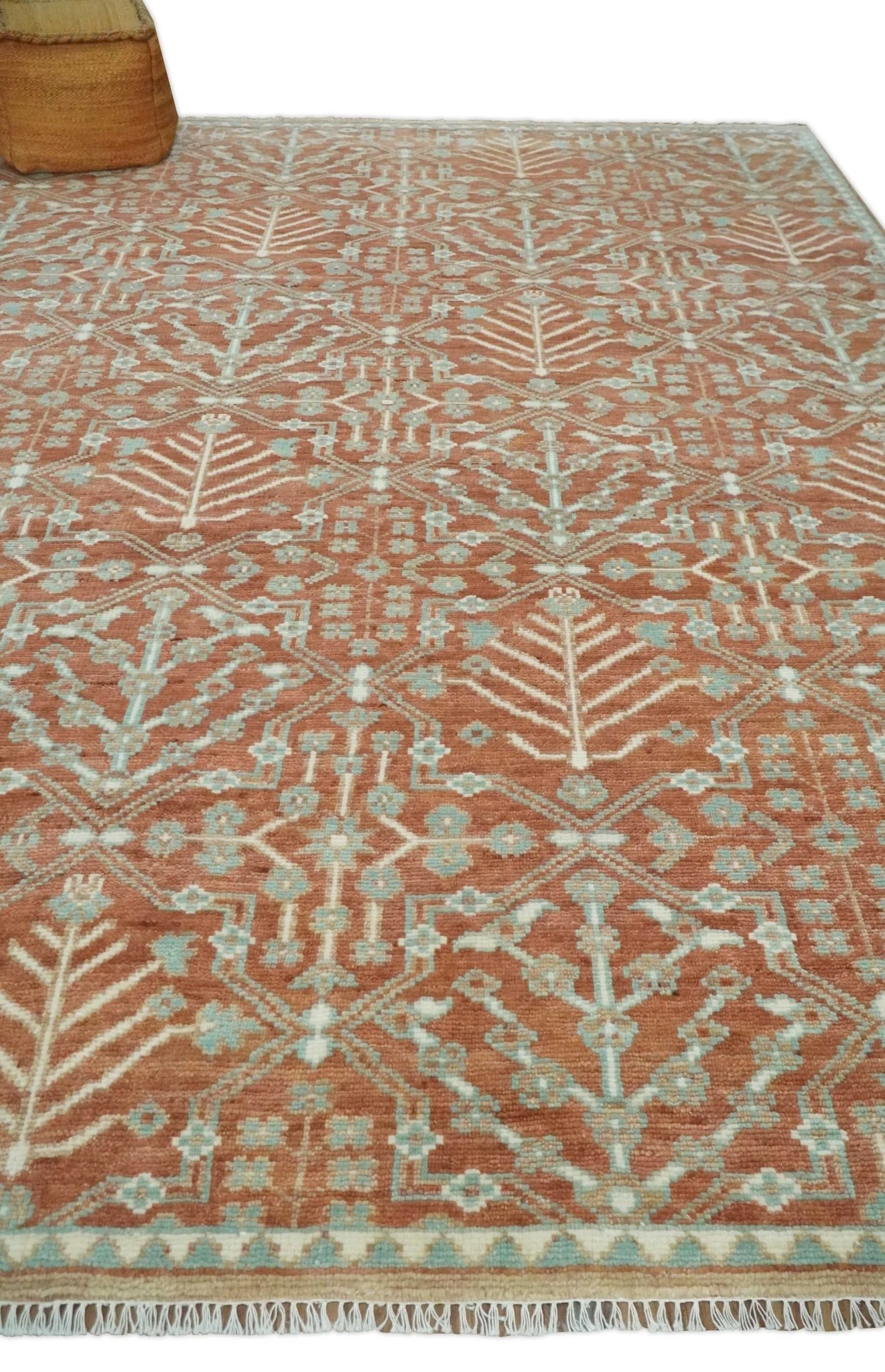 Hand knotted 9.4x12 Rust and Aqua Floral Tree wool Area Rug - Image 3
