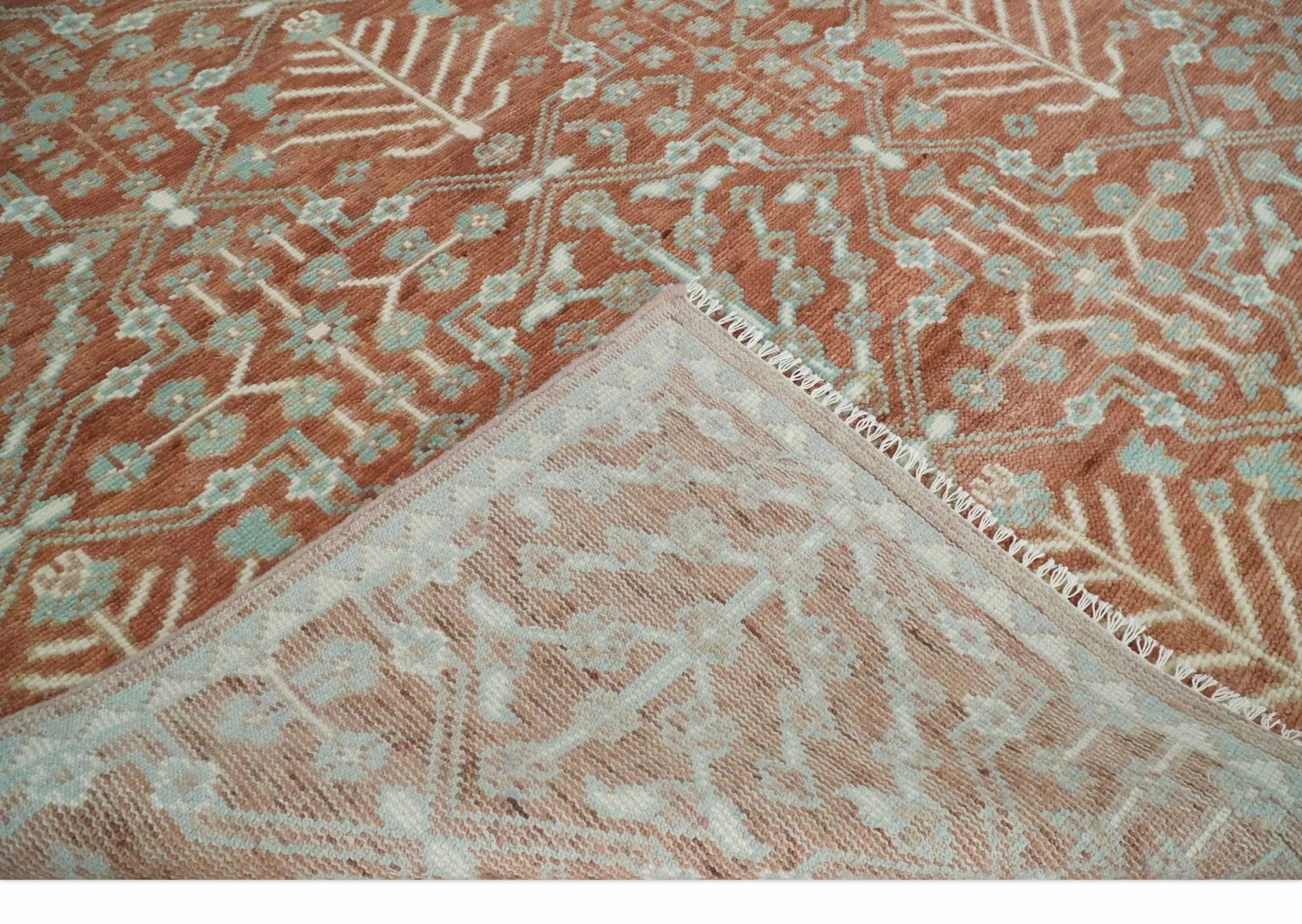 Hand knotted 9.4x12 Rust and Aqua Floral Tree wool Area Rug - Image 6