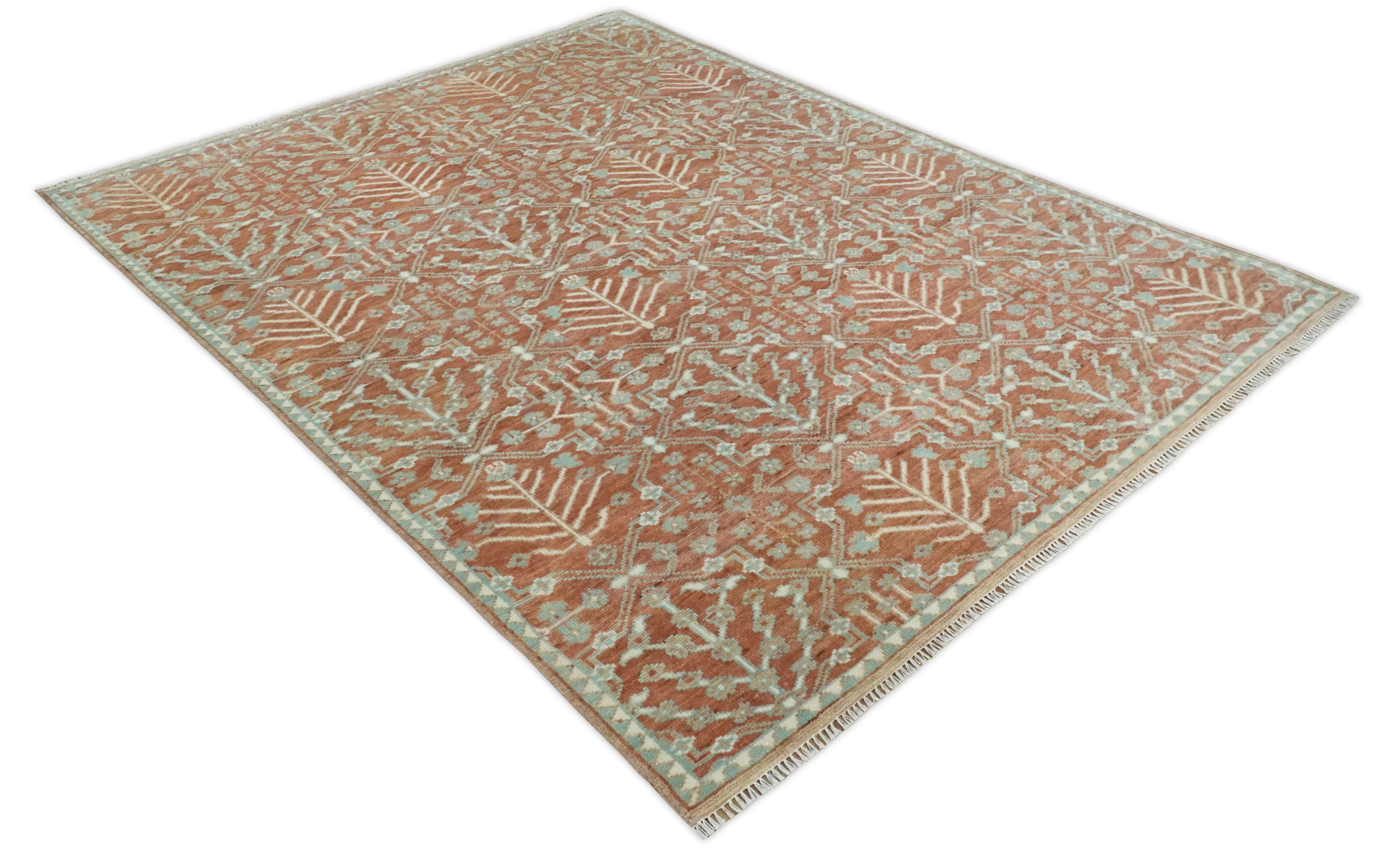 Hand knotted 9.4x12 Rust and Aqua Floral Tree wool Area Rug - Image 9