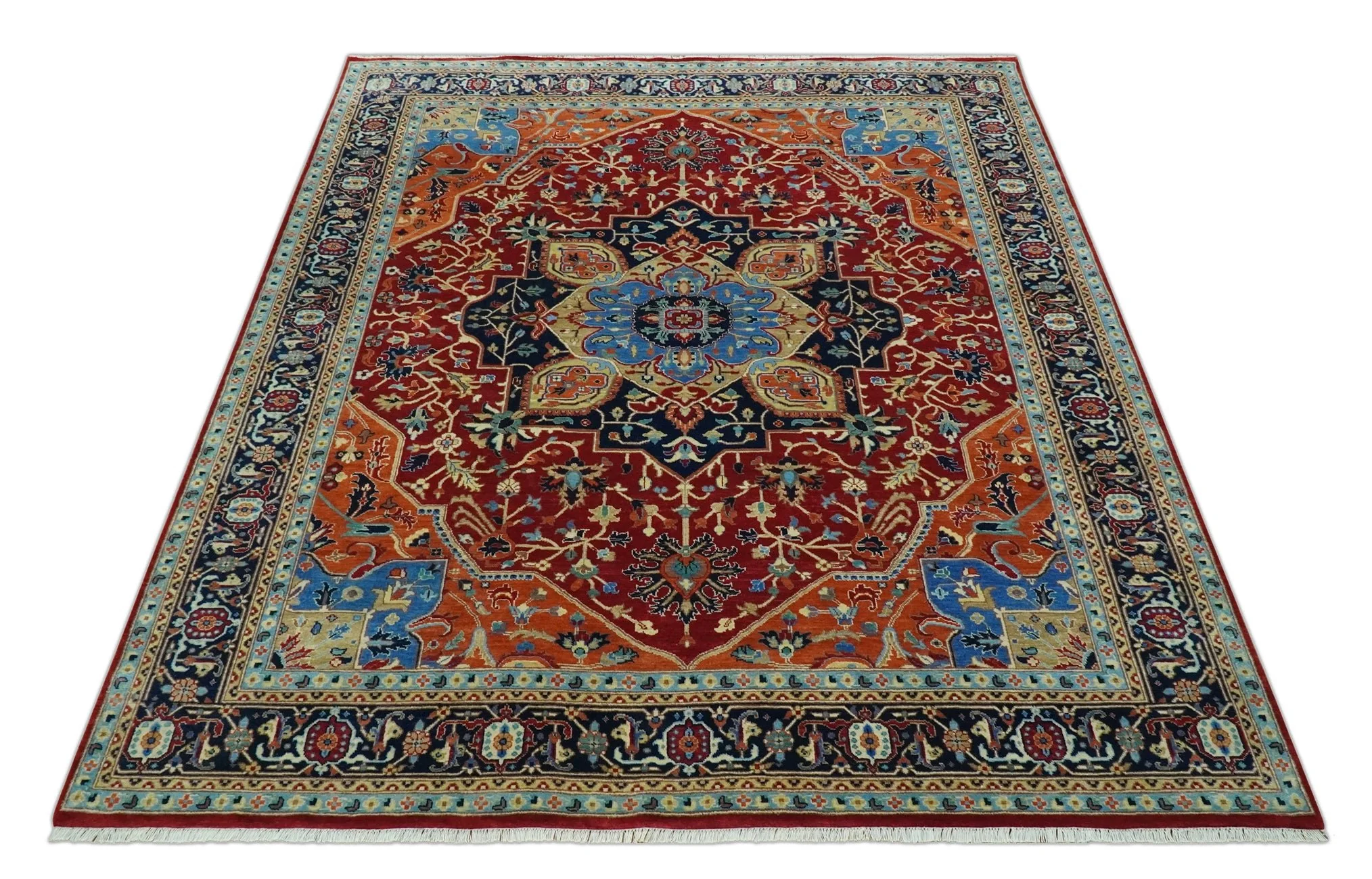8x10 Fine Hand Knotted Rust and Blue Traditional Heriz Medallion wool area rug - Image 10