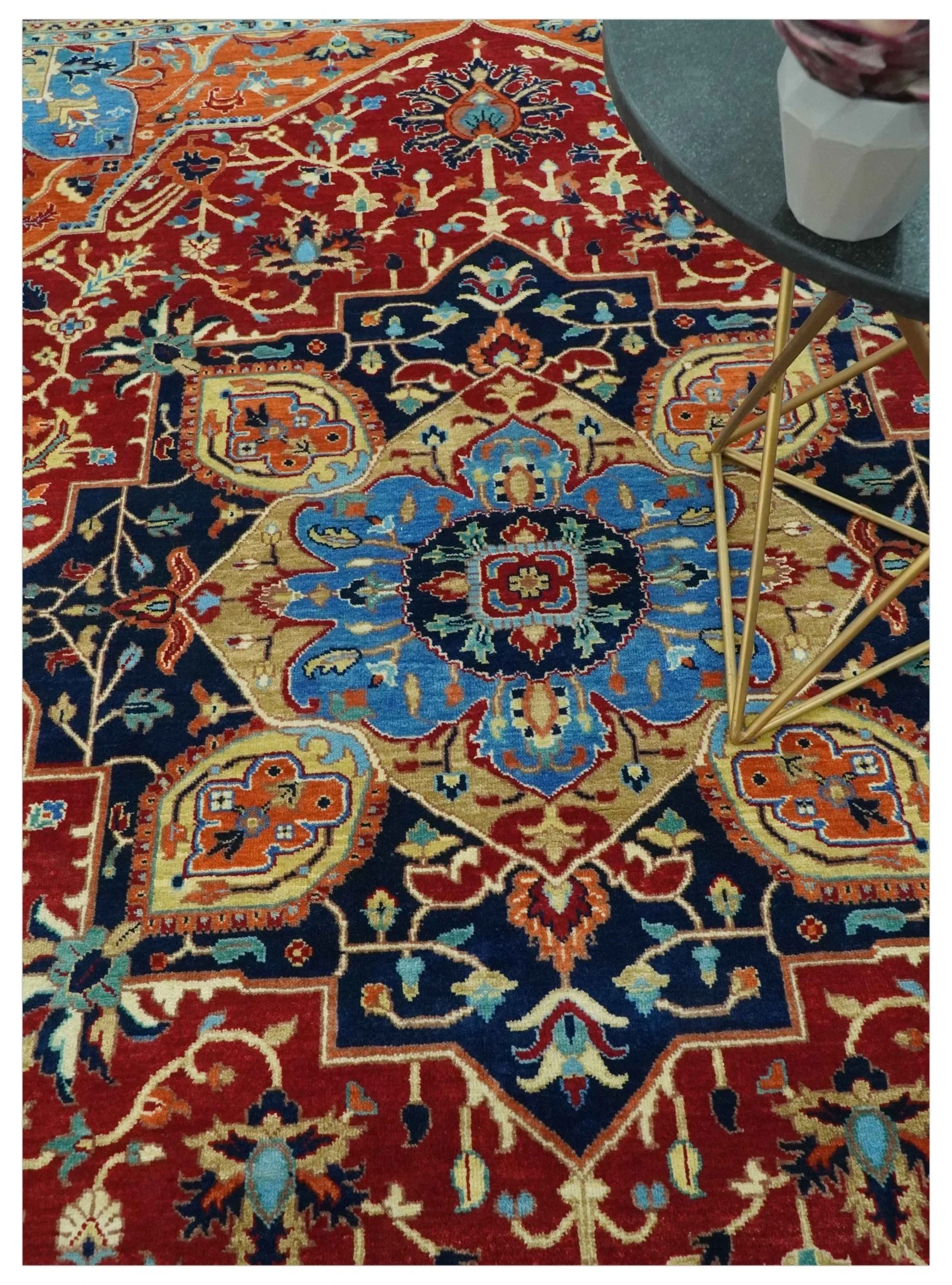 8x10 Fine Hand Knotted Rust and Blue Traditional Heriz Medallion wool area rug - Image 2