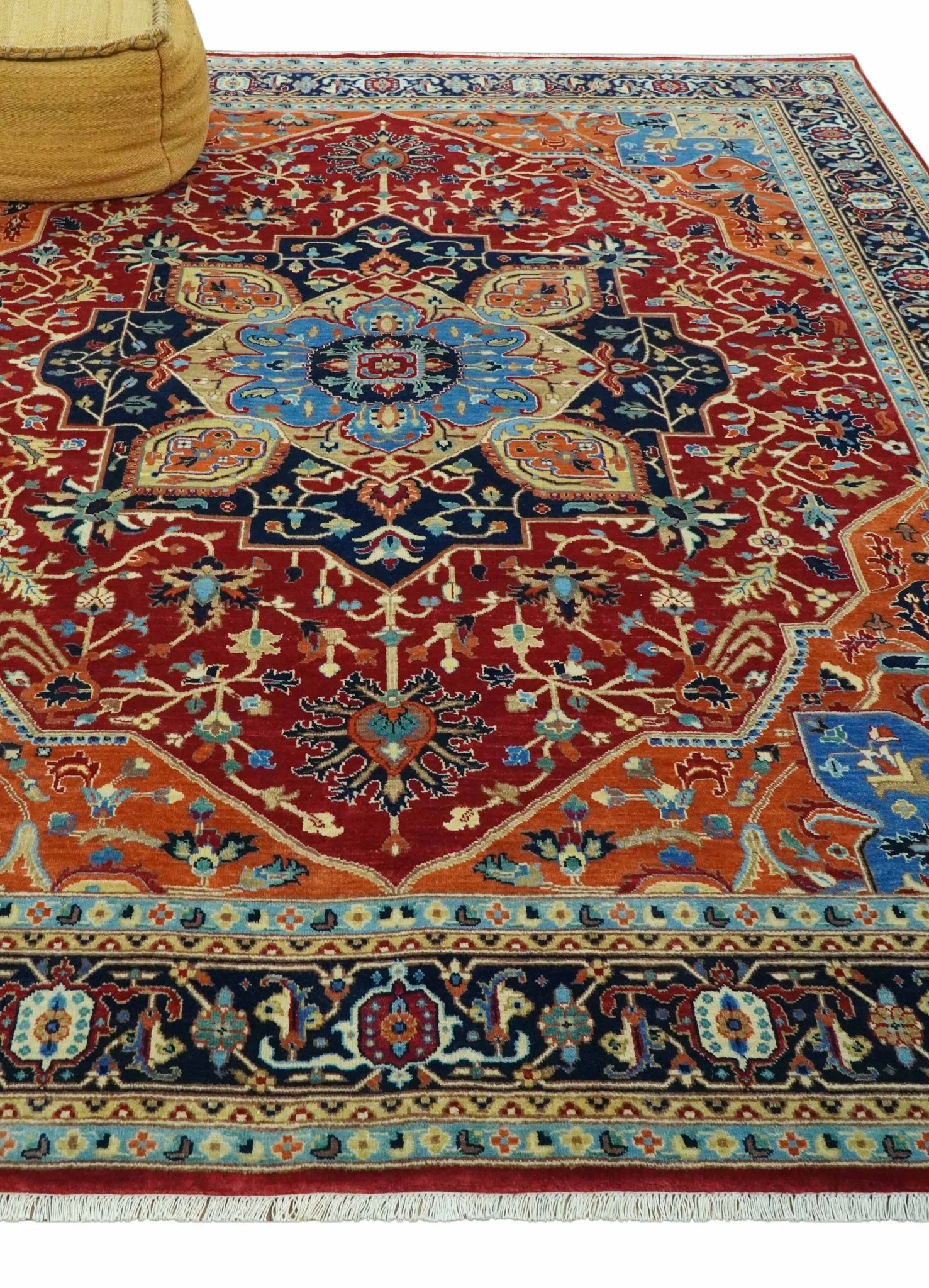 8x10 Fine Hand Knotted Rust and Blue Traditional Heriz Medallion wool area rug - Image 3