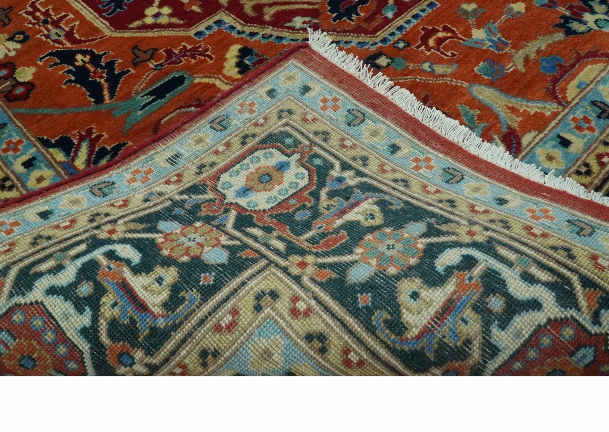 8x10 Fine Hand Knotted Rust and Blue Traditional Heriz Medallion wool area rug - Image 7
