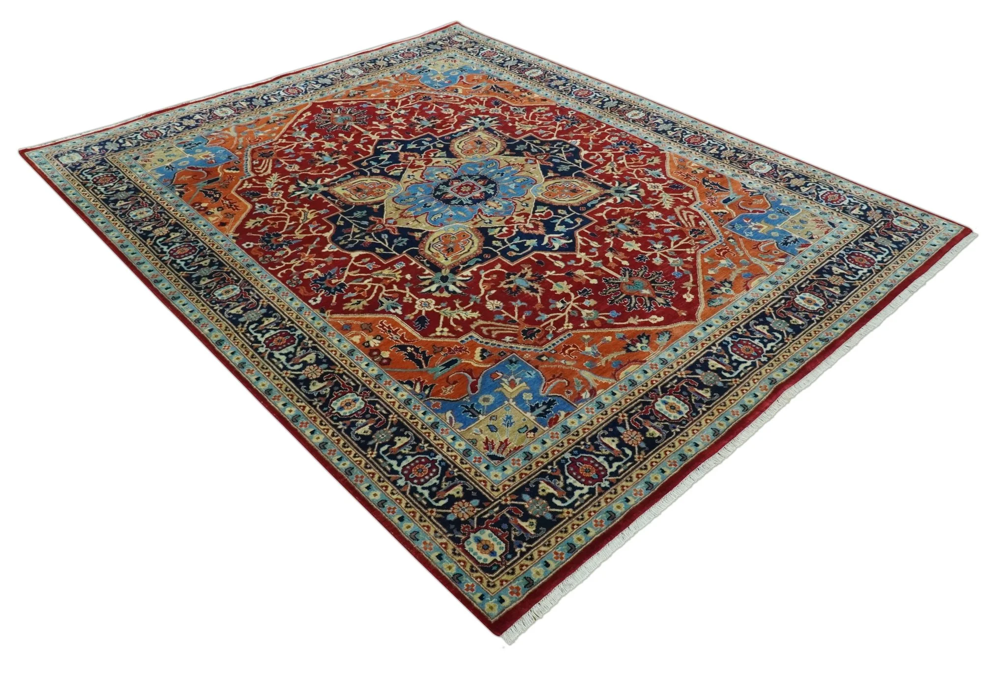 8x10 Fine Hand Knotted Rust and Blue Traditional Heriz Medallion wool area rug - Image 9