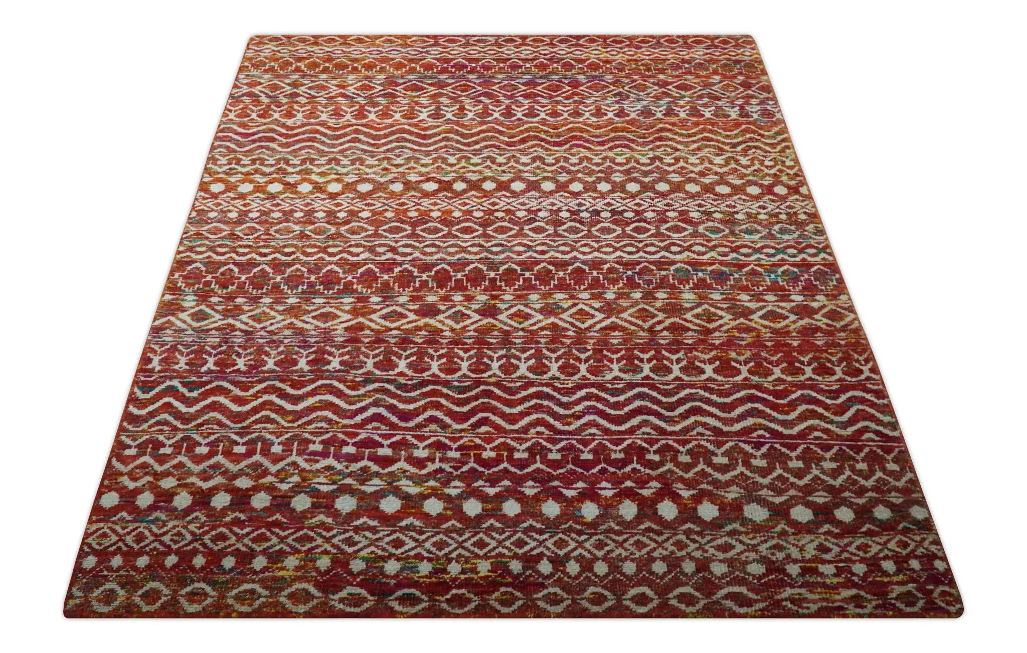 Hand Knotted Rust and Ivory Contemporary Southwestern Tribal Trellis Recycled Silk Rug - Image 10