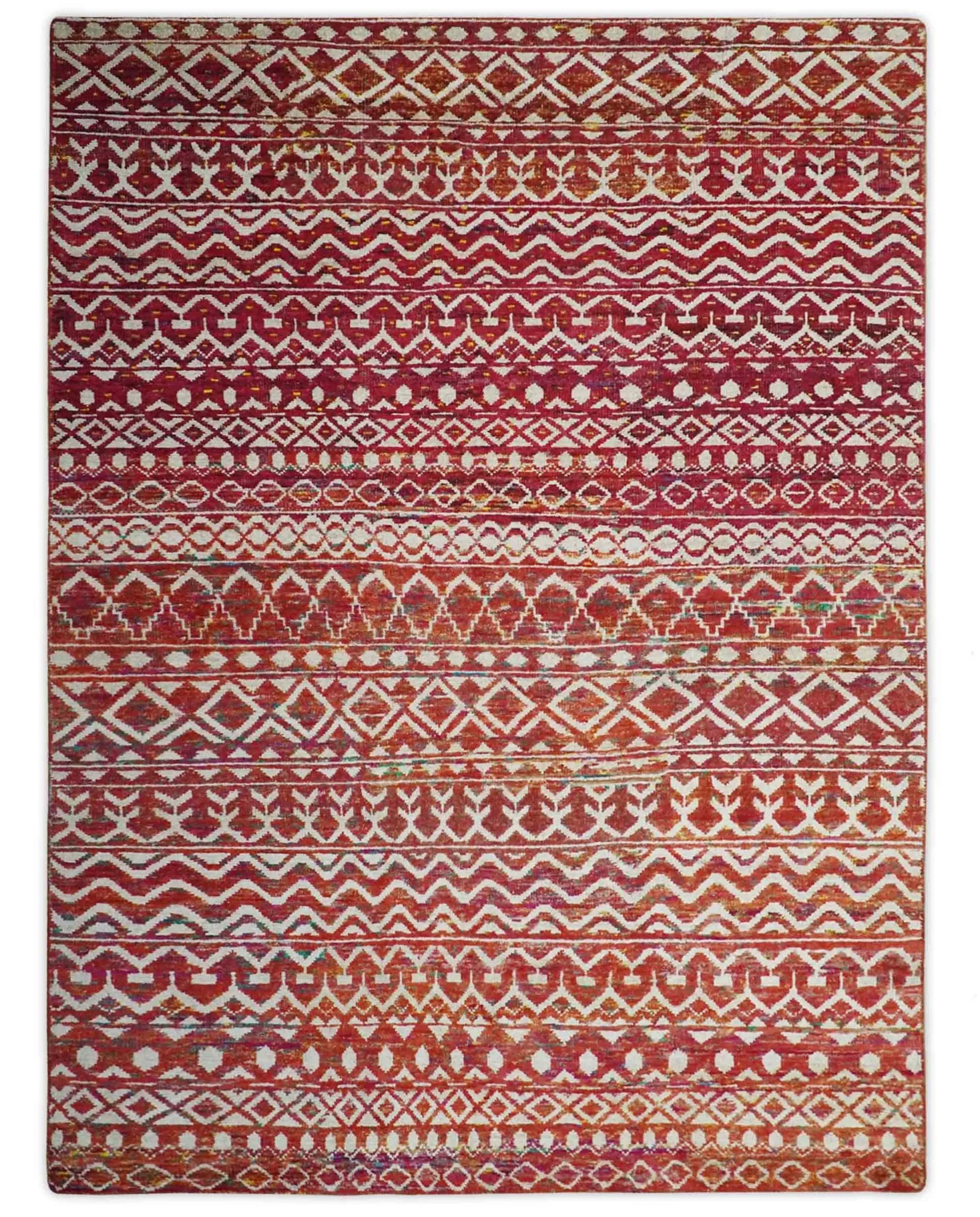 Hand Knotted Rust and Ivory Contemporary Southwestern Tribal Trellis Recycled Silk Rug - Image 11