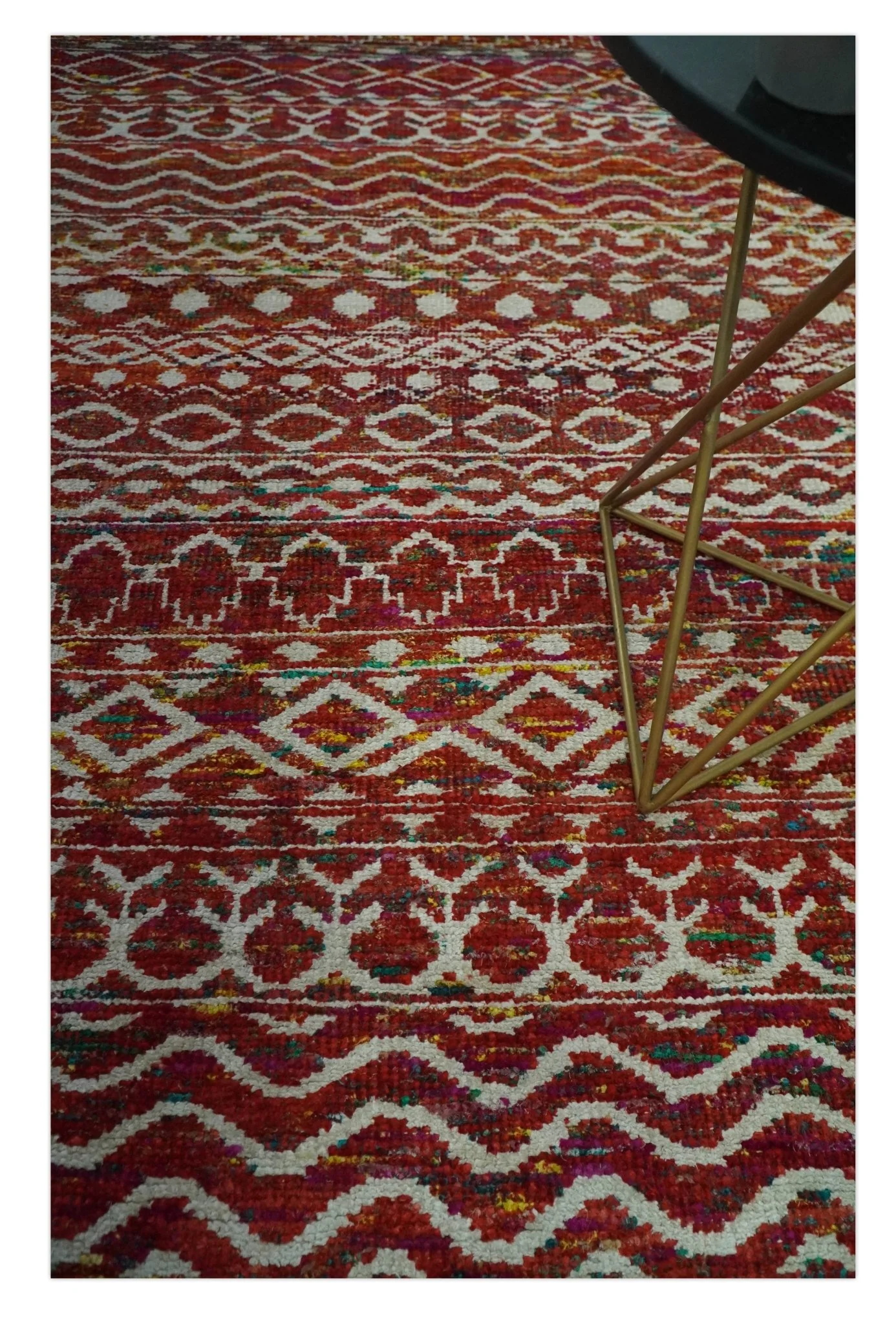 Hand Knotted Rust and Ivory Contemporary Southwestern Tribal Trellis Recycled Silk Rug - Image 2