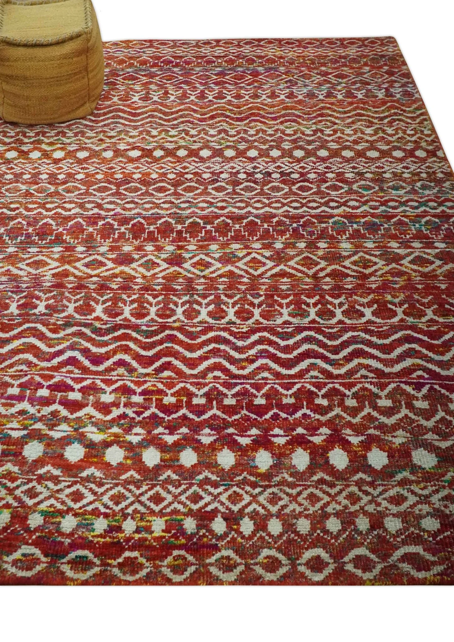 Hand Knotted Rust and Ivory Contemporary Southwestern Tribal Trellis Recycled Silk Rug - Image 3