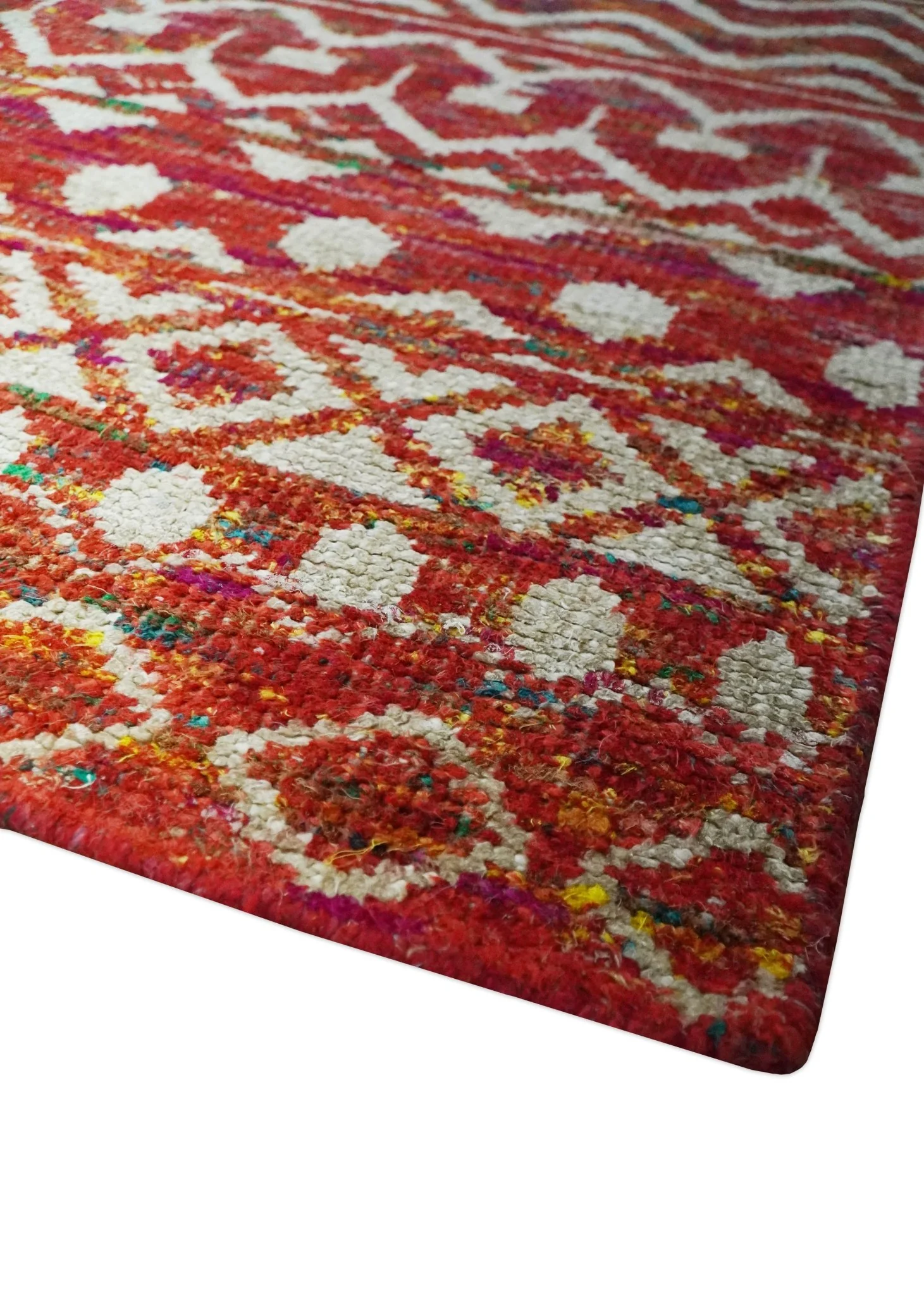 Hand Knotted Rust and Ivory Contemporary Southwestern Tribal Trellis Recycled Silk Rug - Image 5