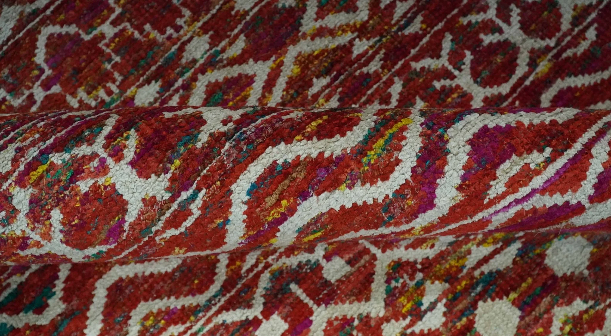 Hand Knotted Rust and Ivory Contemporary Southwestern Tribal Trellis Recycled Silk Rug - Image 6