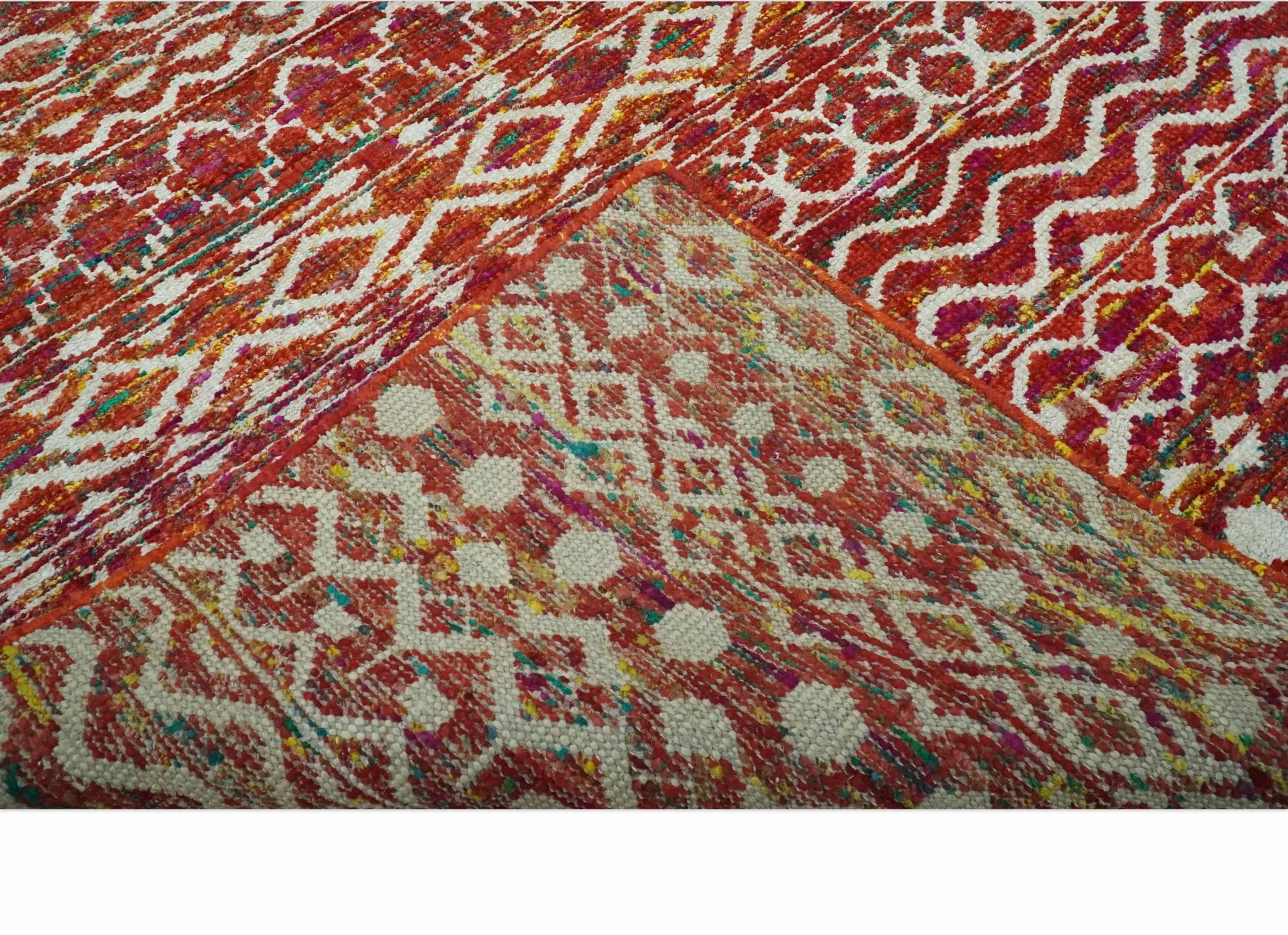 Hand Knotted Rust and Ivory Contemporary Southwestern Tribal Trellis Recycled Silk Rug - Image 7