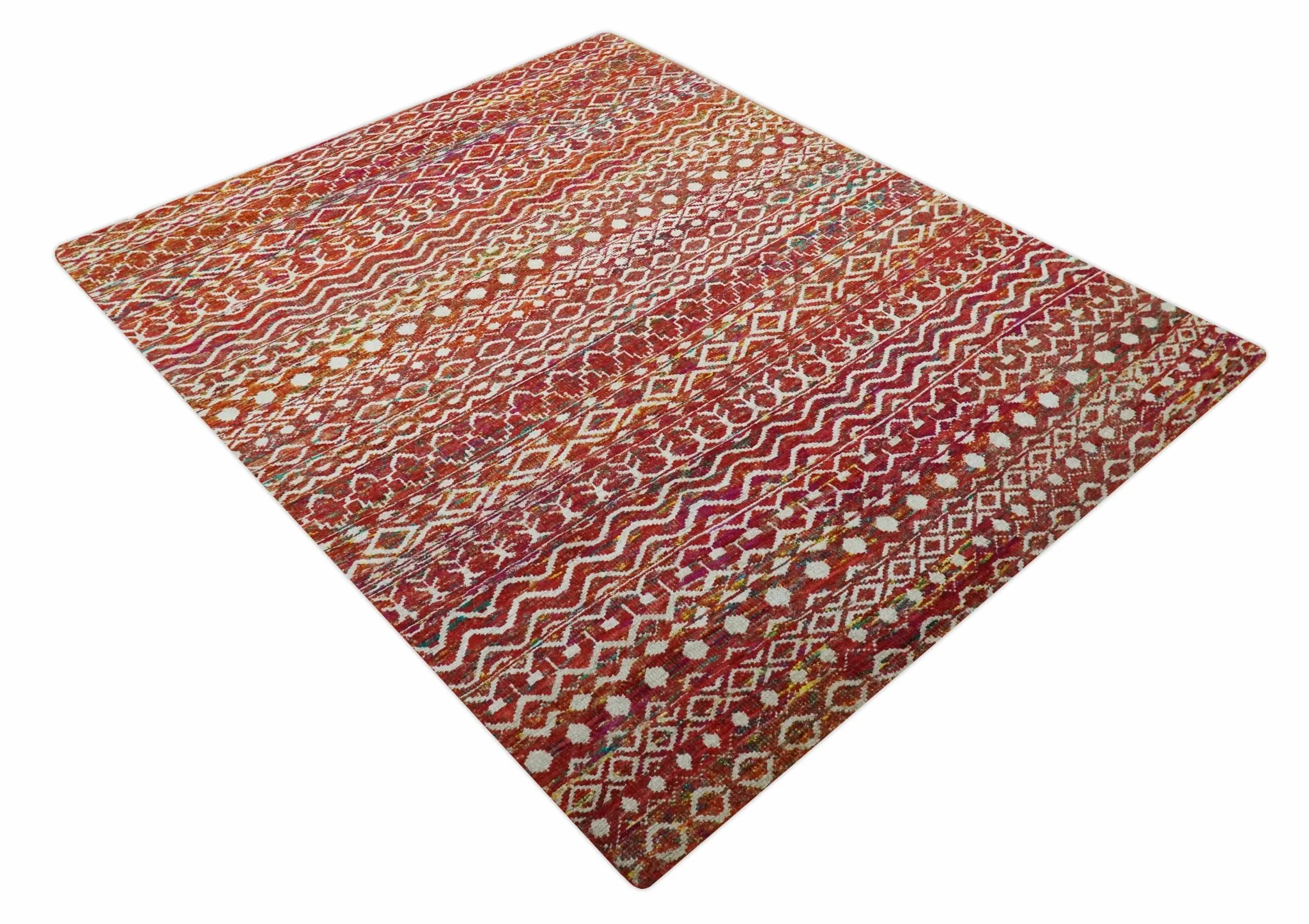 Hand Knotted Rust and Ivory Contemporary Southwestern Tribal Trellis Recycled Silk Rug - Image 9