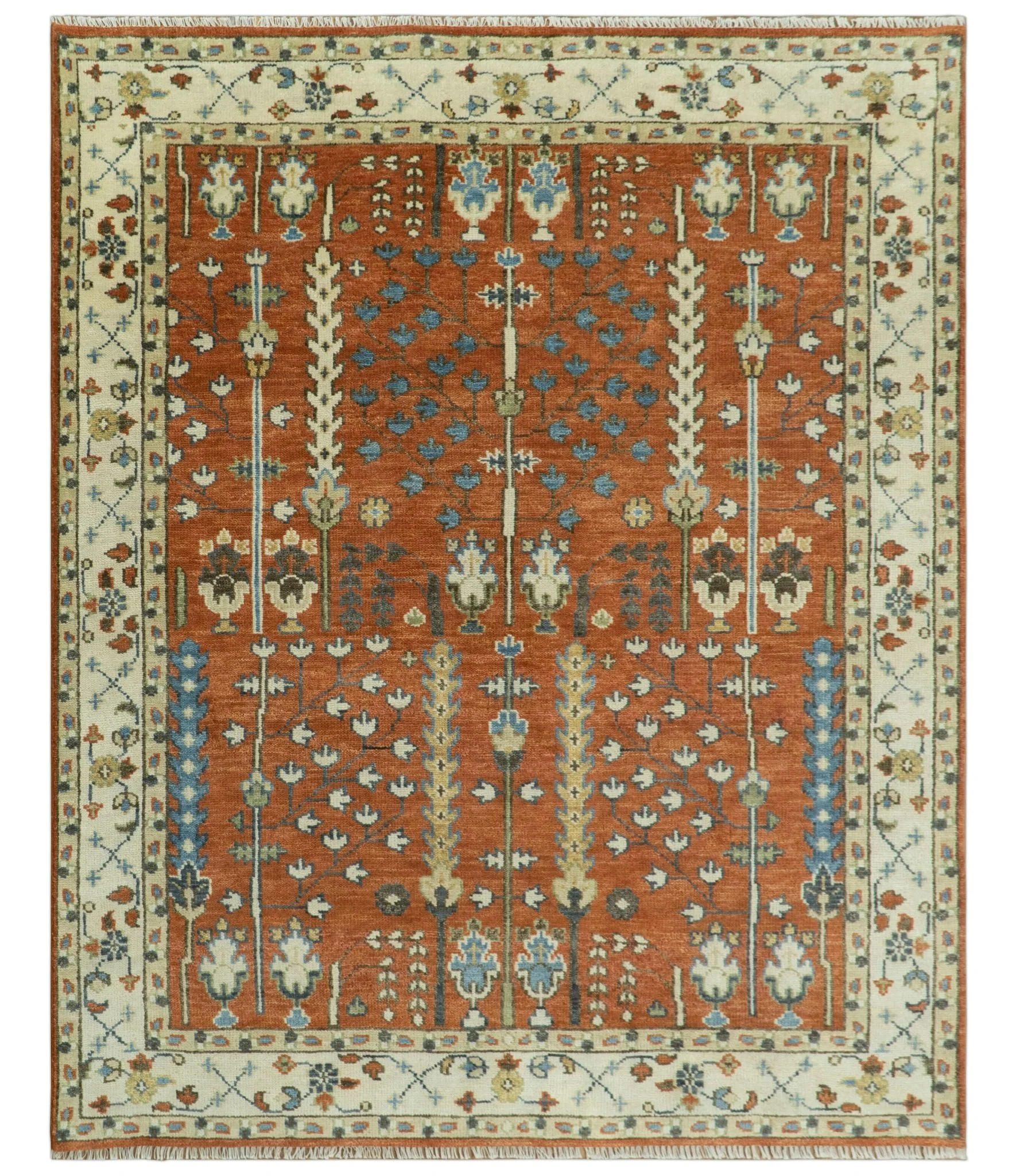 Tree of Life Rust and Ivory Traditional Hand Knotted Turkish Design Wool Area Rug - Image 11