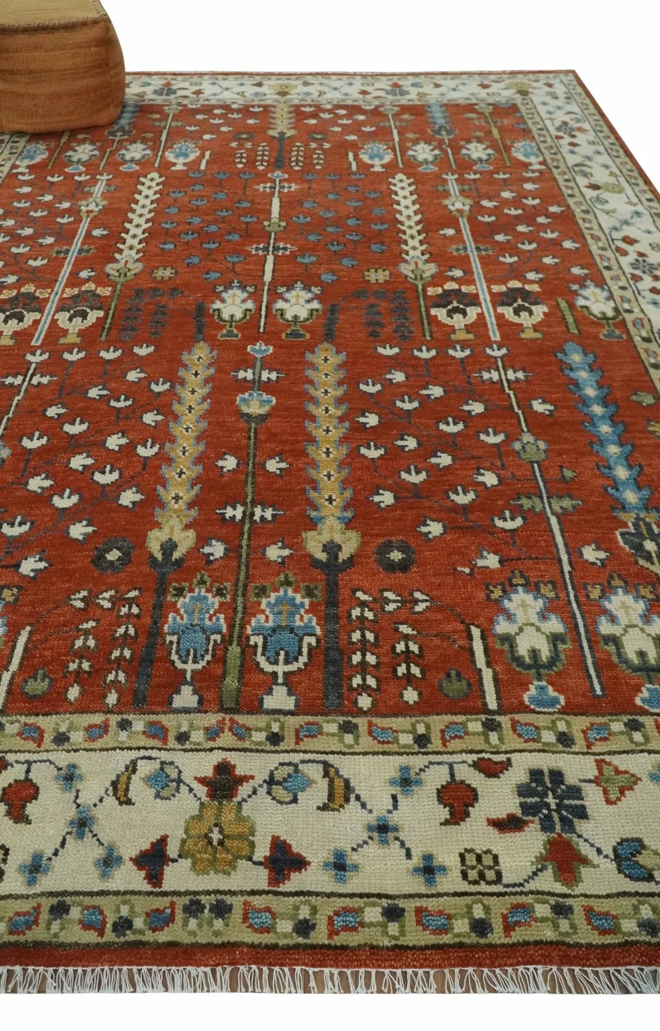 Tree of Life Rust and Ivory Traditional Hand Knotted Turkish Design Wool Area Rug - Image 3