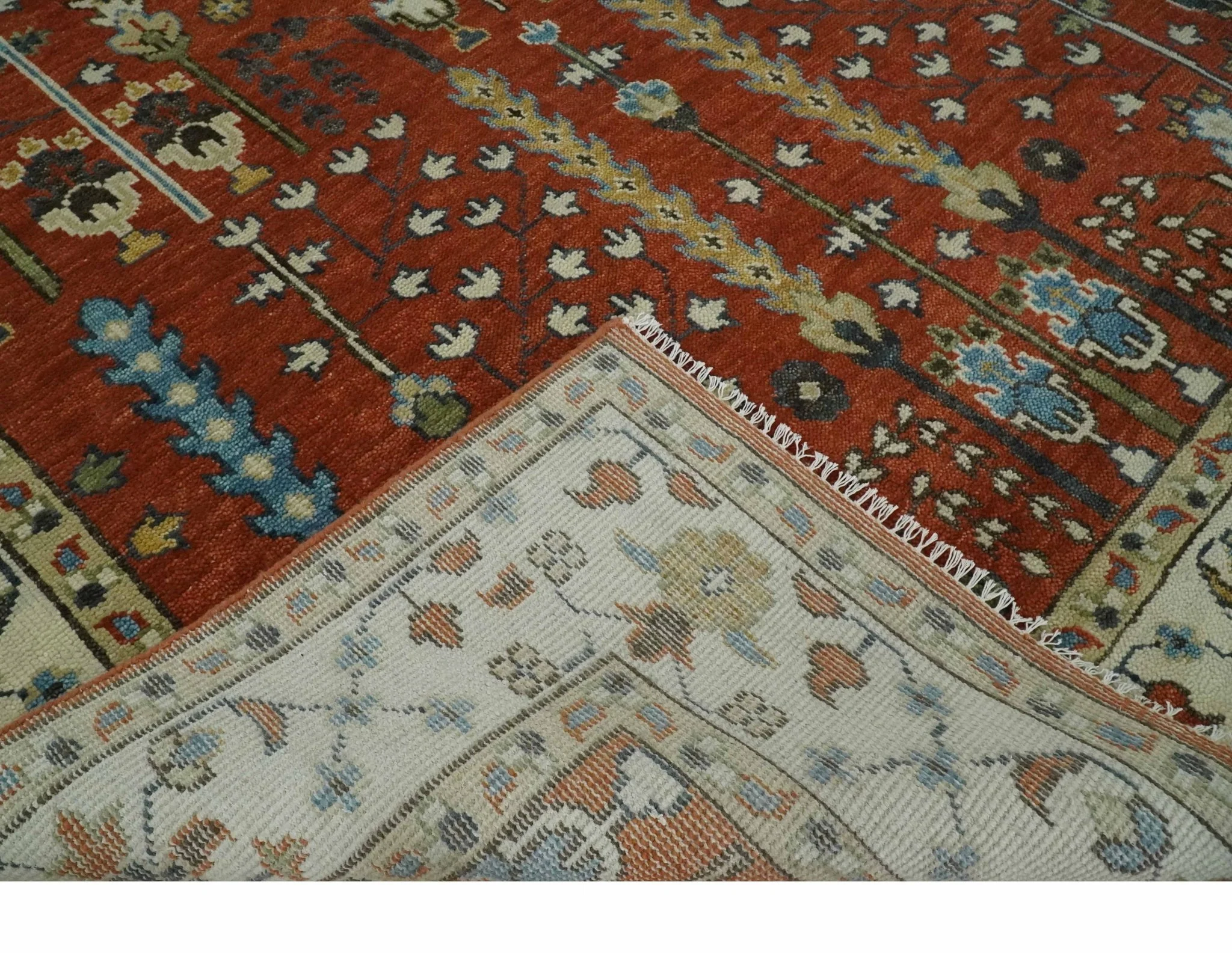 Tree of Life Rust and Ivory Traditional Hand Knotted Turkish Design Wool Area Rug - Image 7