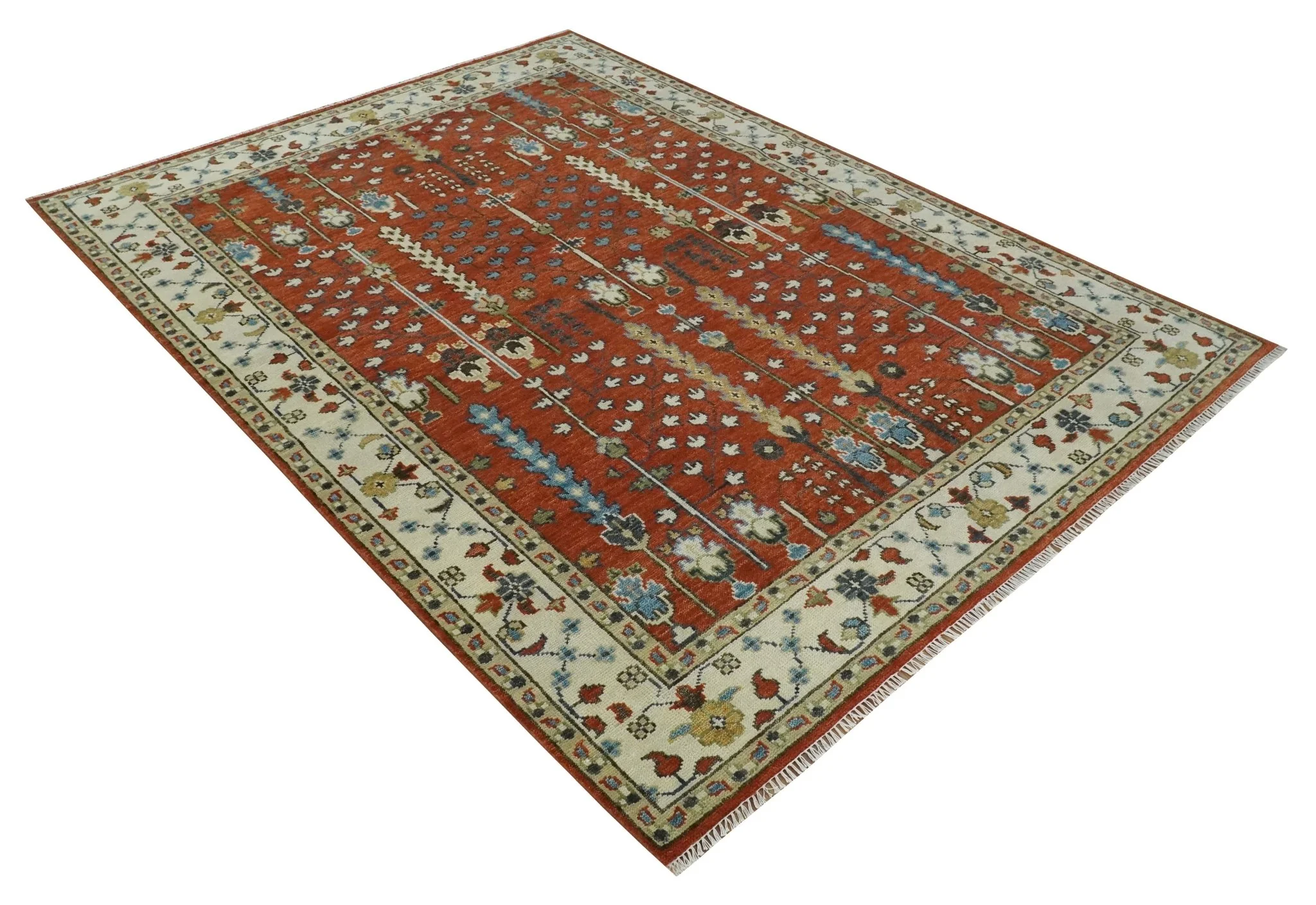 Tree of Life Rust and Ivory Traditional Hand Knotted Turkish Design Wool Area Rug - Image 9