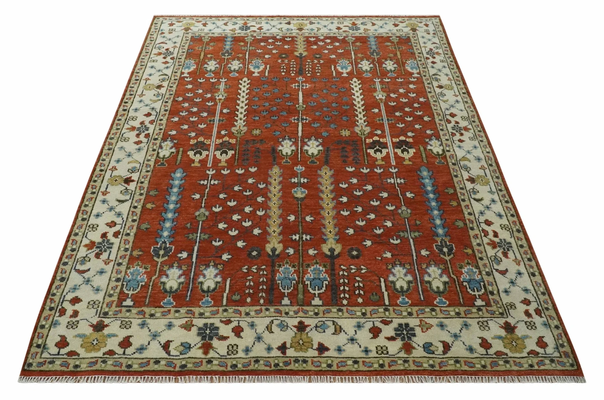Tree Rug Hand Knotted Rust and Ivory 9x12 Traditional Turkish Design Wool Area Rug - Image 10