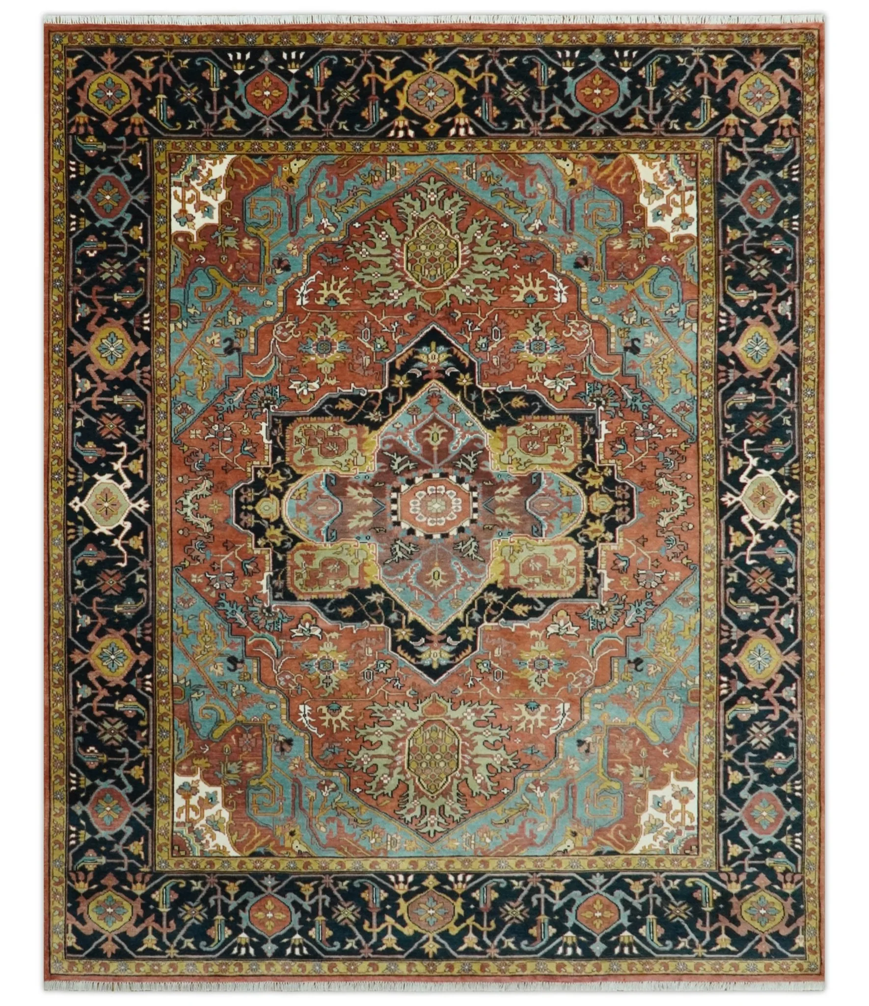 9x12 Hand Knotted Rust, Aqua and Blue Traditional Heriz Vintage Style Wool Rug - Image 11