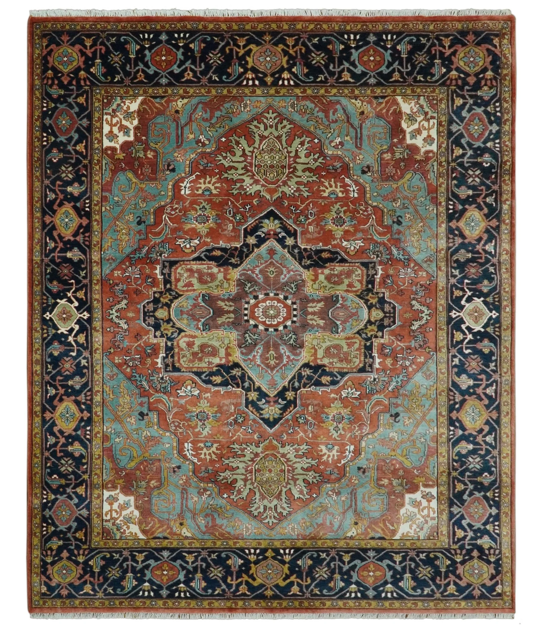 9x12 Hand Knotted Rust, Aqua and Blue Traditional Heriz Vintage Style Wool Rug - Image 12
