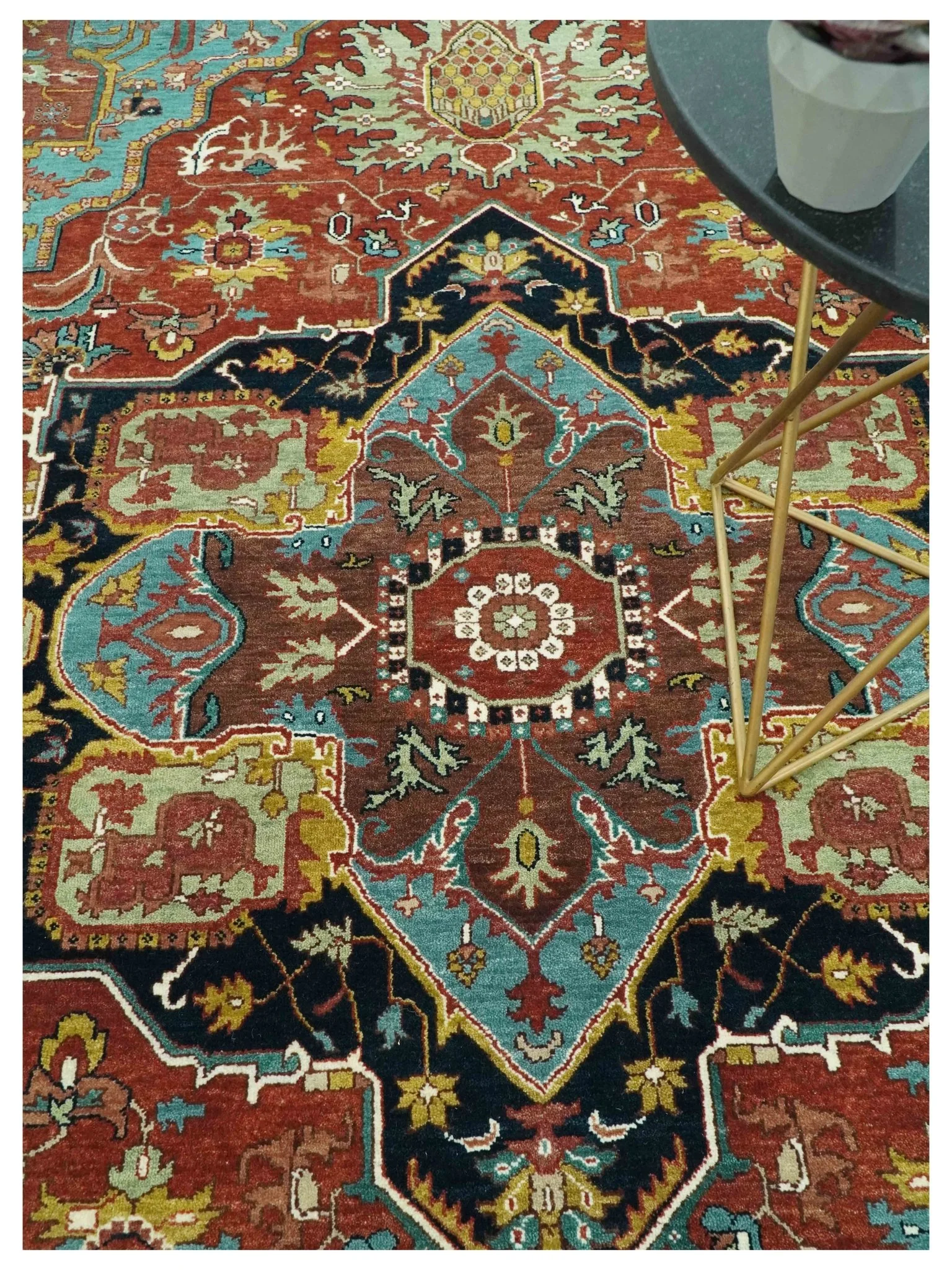 9x12 Hand Knotted Rust, Aqua and Blue Traditional Heriz Vintage Style Wool Rug - Image 2