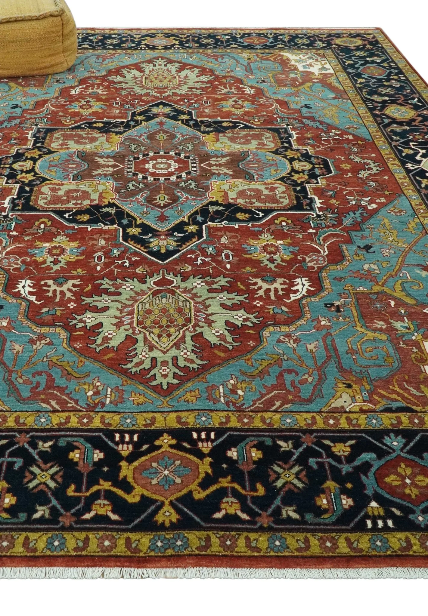 9x12 Hand Knotted Rust, Aqua and Blue Traditional Heriz Vintage Style Wool Rug - Image 3