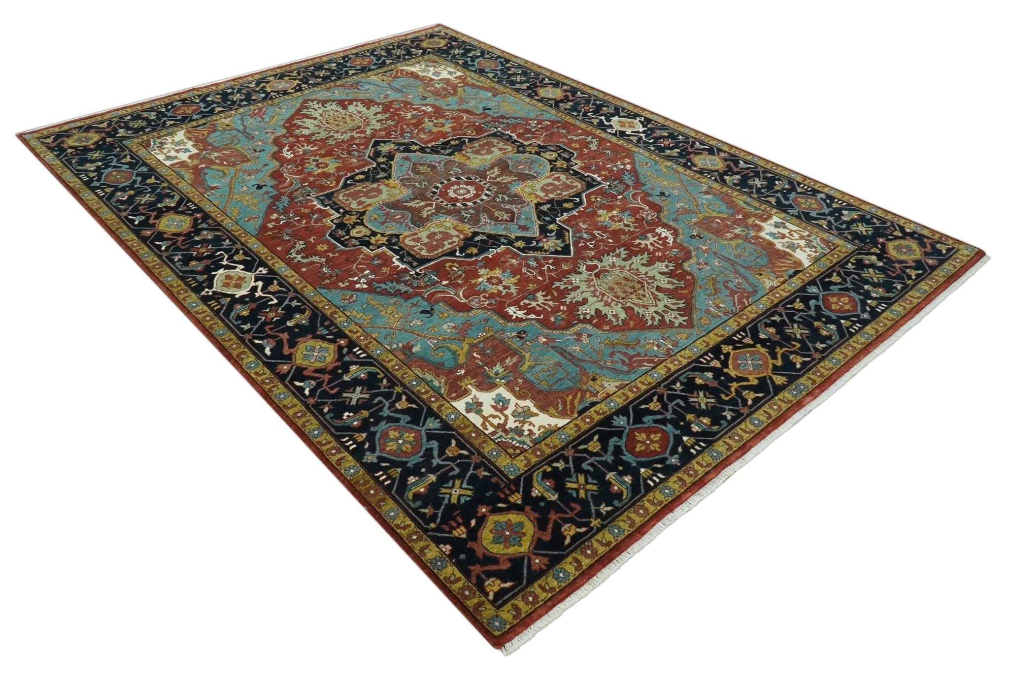 9x12 Hand Knotted Rust, Aqua and Blue Traditional Heriz Vintage Style Wool Rug - Image 5