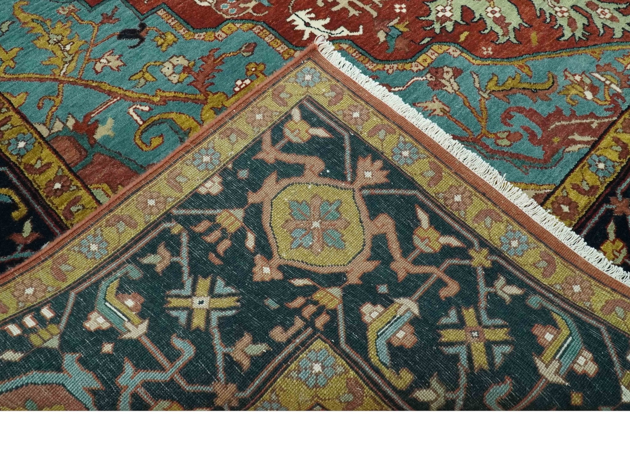 9x12 Hand Knotted Rust, Aqua and Blue Traditional Heriz Vintage Style Wool Rug - Image 7