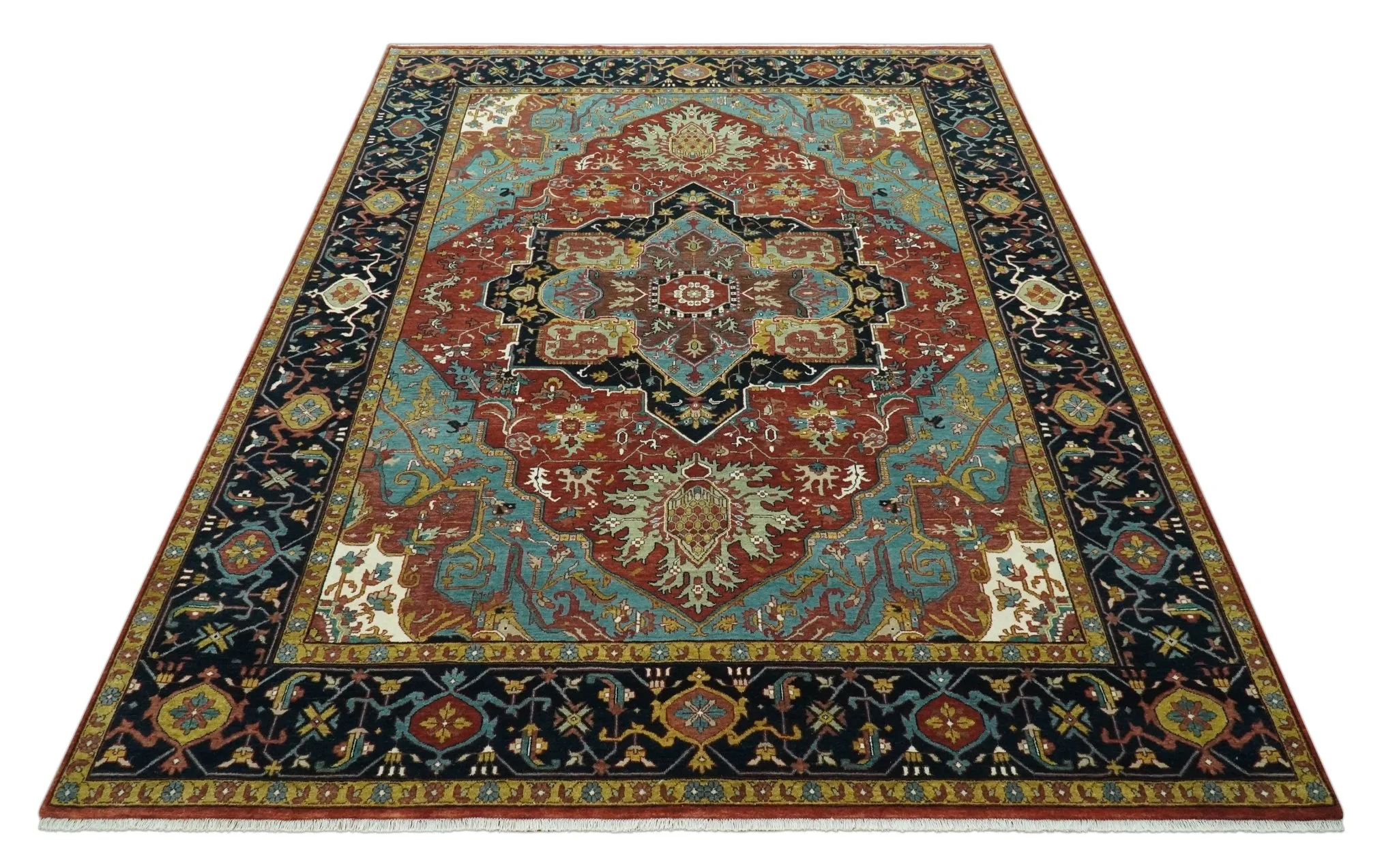 9x12 Hand Knotted Rust, Aqua and Blue Traditional Heriz Vintage Style Wool Rug - Image 9