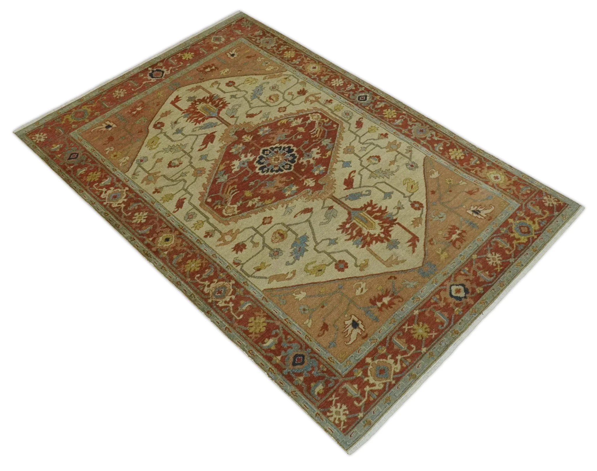 5.4x8 Hand Knotted Rust, Beige and Peach Traditional Turkish Knot Heriz wool area Rug - Image 10