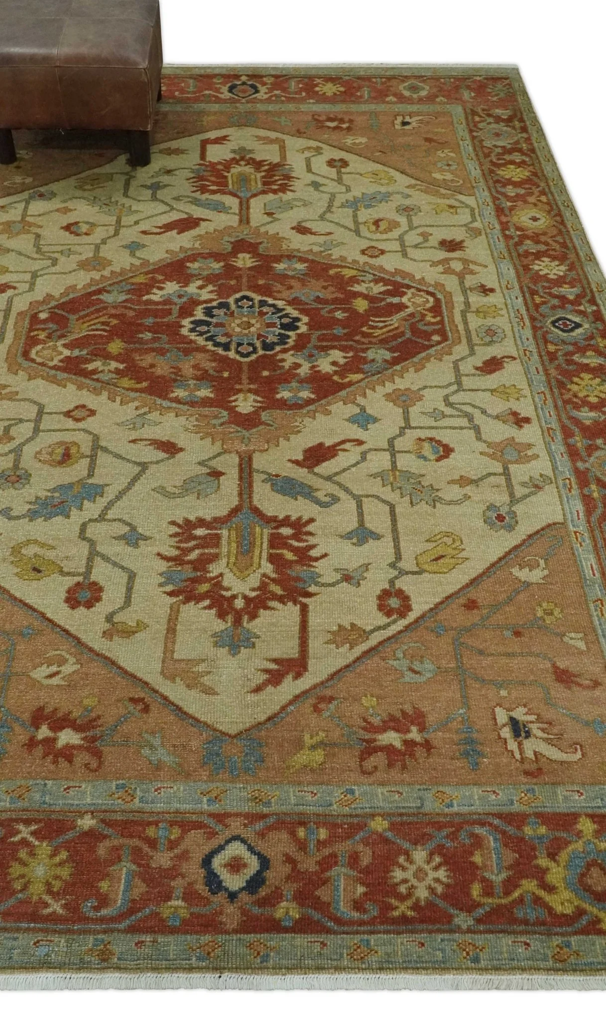 5.4x8 Hand Knotted Rust, Beige and Peach Traditional Turkish Knot Heriz wool area Rug - Image 3