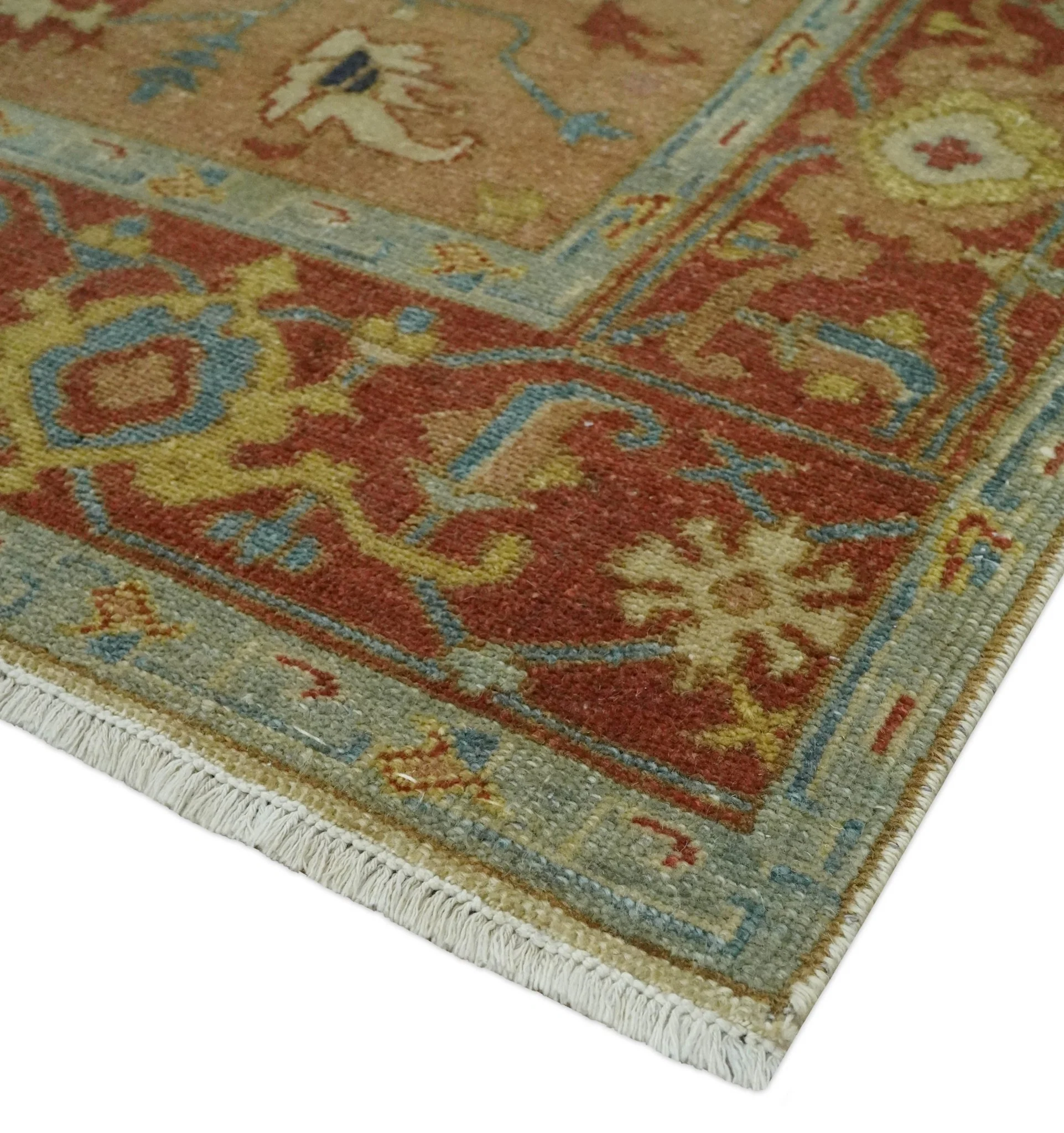 5.4x8 Hand Knotted Rust, Beige and Peach Traditional Turkish Knot Heriz wool area Rug - Image 5