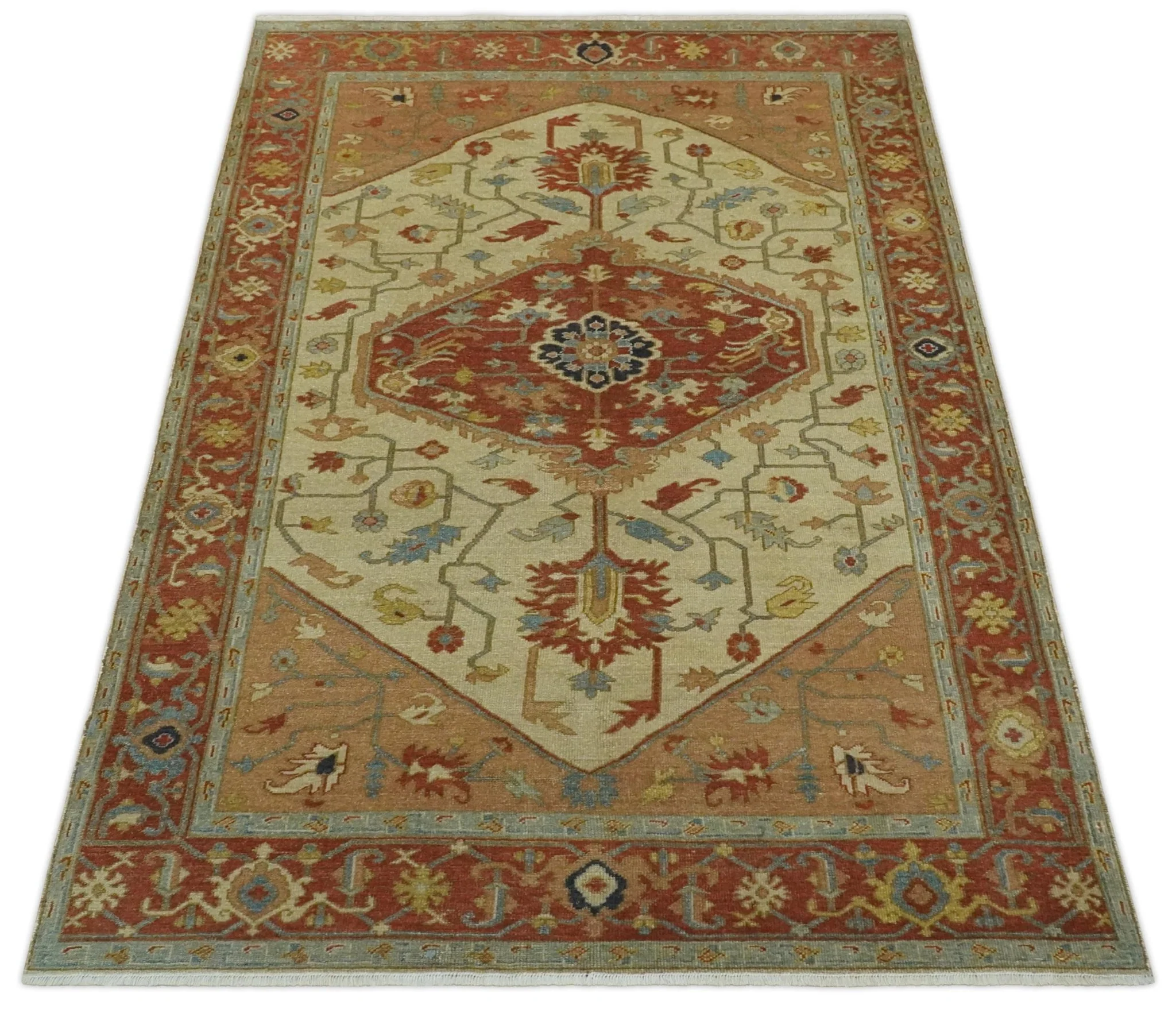 5.4x8 Hand Knotted Rust, Beige and Peach Traditional Turkish Knot Heriz wool area Rug - Image 9