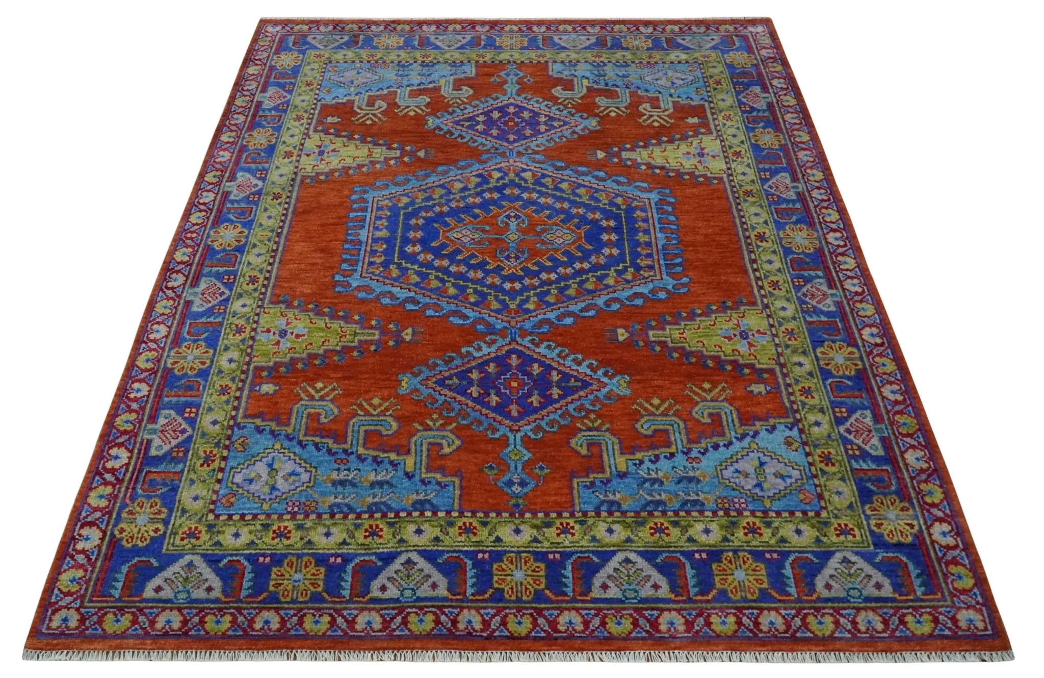 Hand Knotted Rust, Blue and Olive Traditional 8x10 Antique Style Wool Area Rug - Image 10