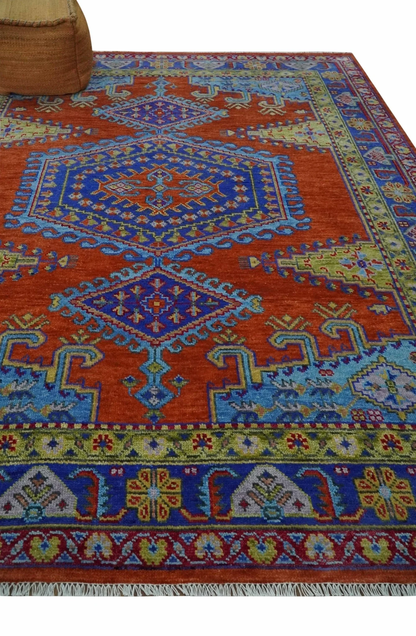 Hand Knotted Rust, Blue and Olive Traditional 8x10 Antique Style Wool Area Rug - Image 3