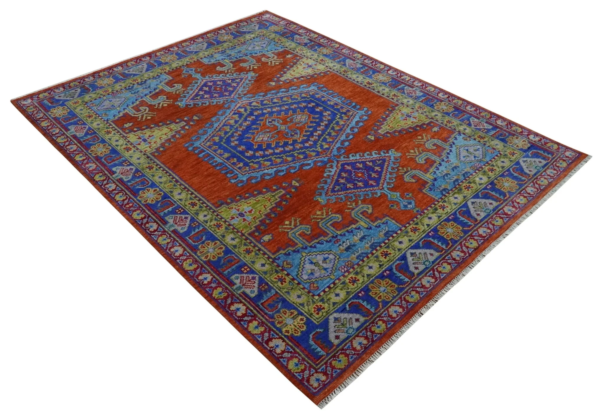 Hand Knotted Rust, Blue and Olive Traditional 8x10 Antique Style Wool Area Rug - Image 9