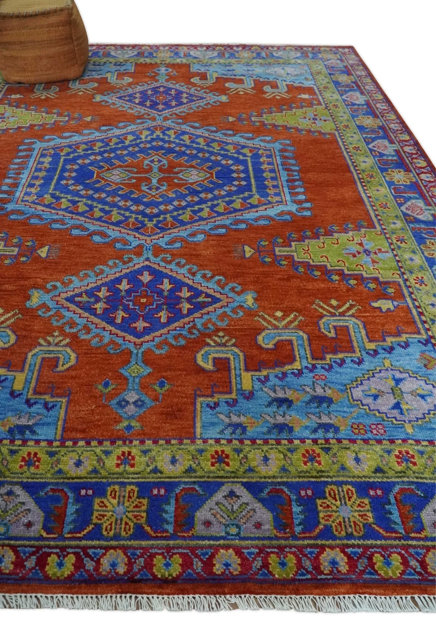 Hand Knotted Rust, Blue and Olive Traditional 9x12 Antique Style Wool Area Rug - Image 3