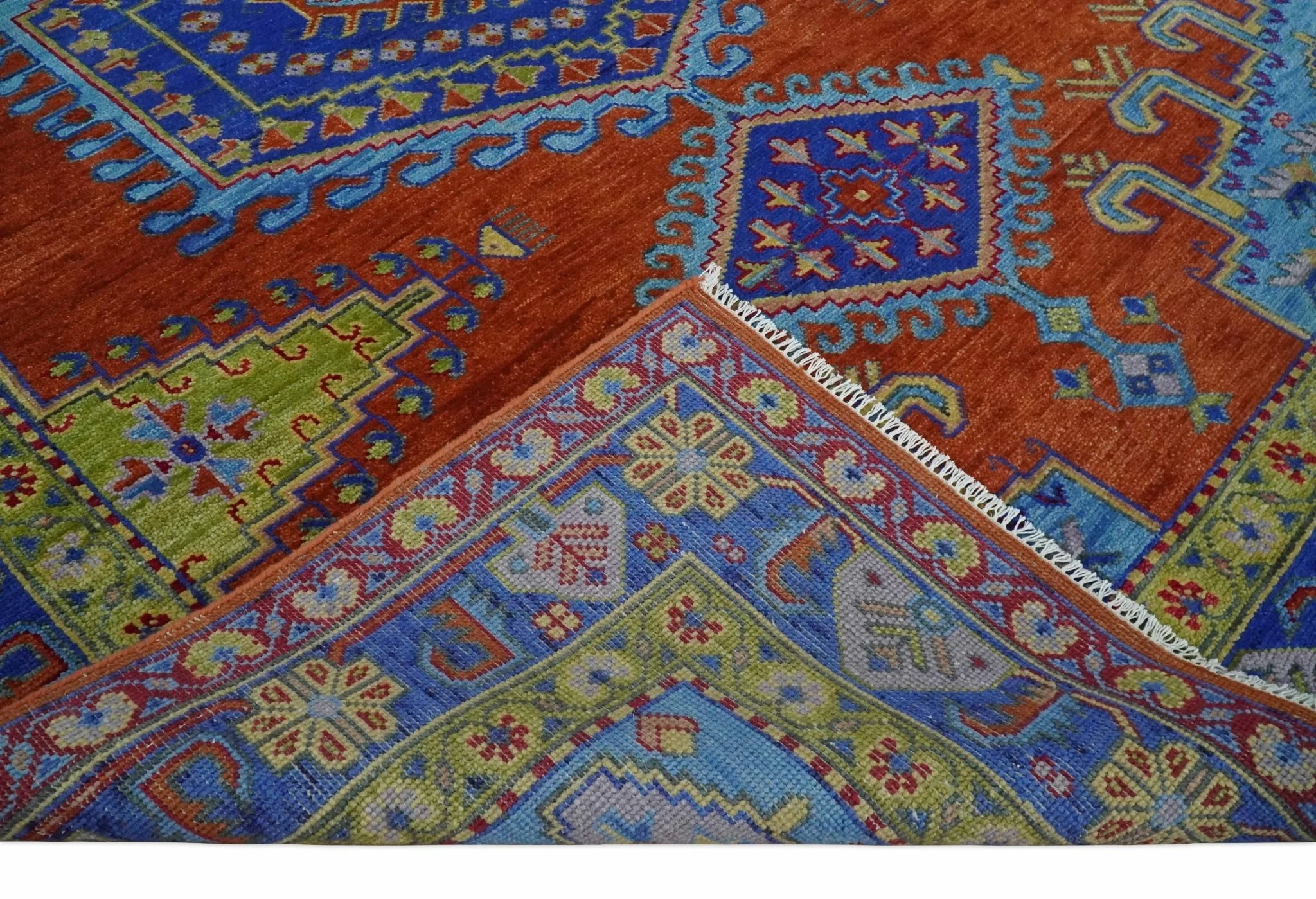 Hand Knotted Rust, Blue and Olive Traditional 9x12 Antique Style Wool Area Rug - Image 7