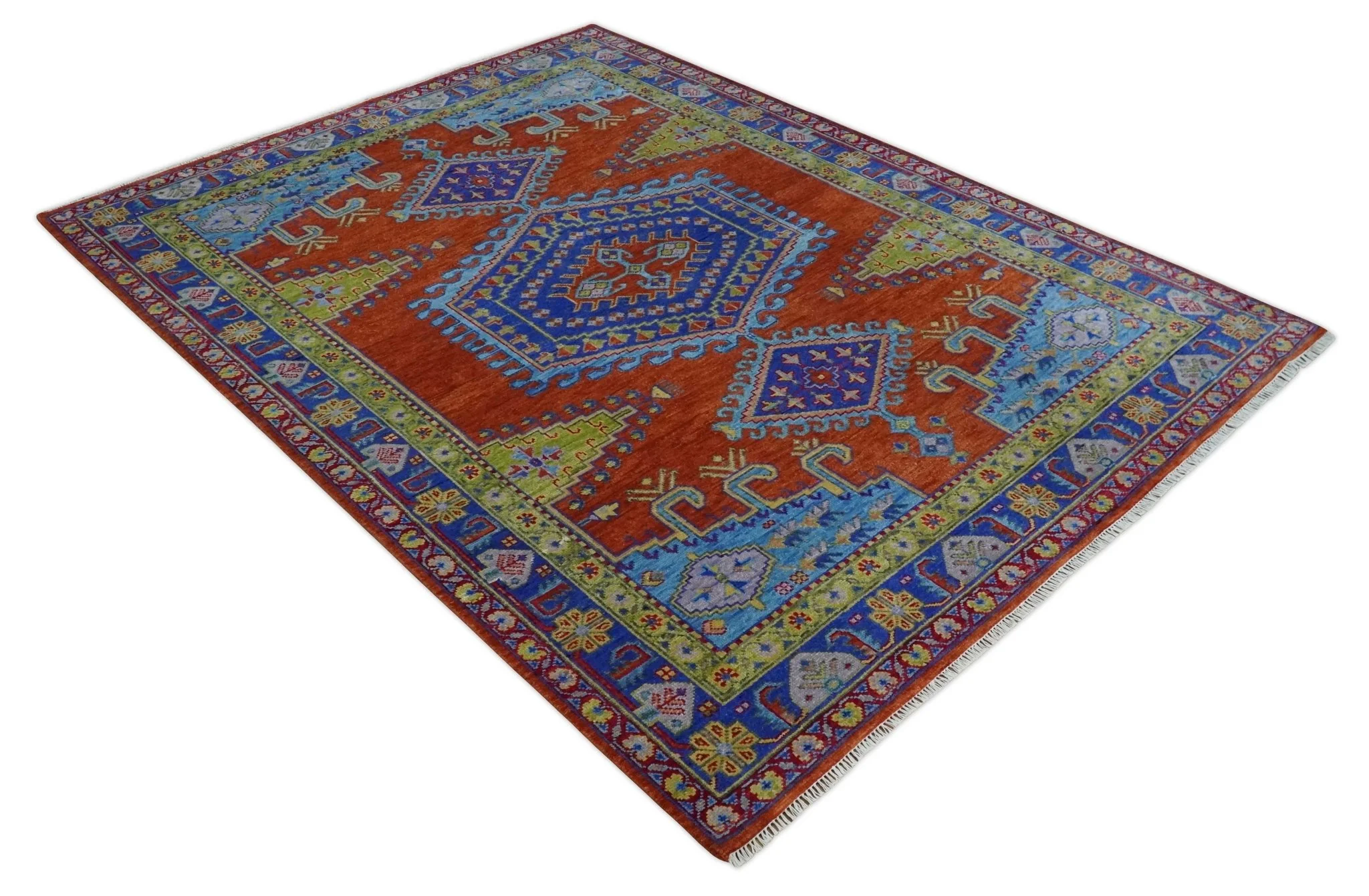 Hand Knotted Rust, Blue and Olive Traditional 9x12 Antique Style Wool Area Rug - Image 9