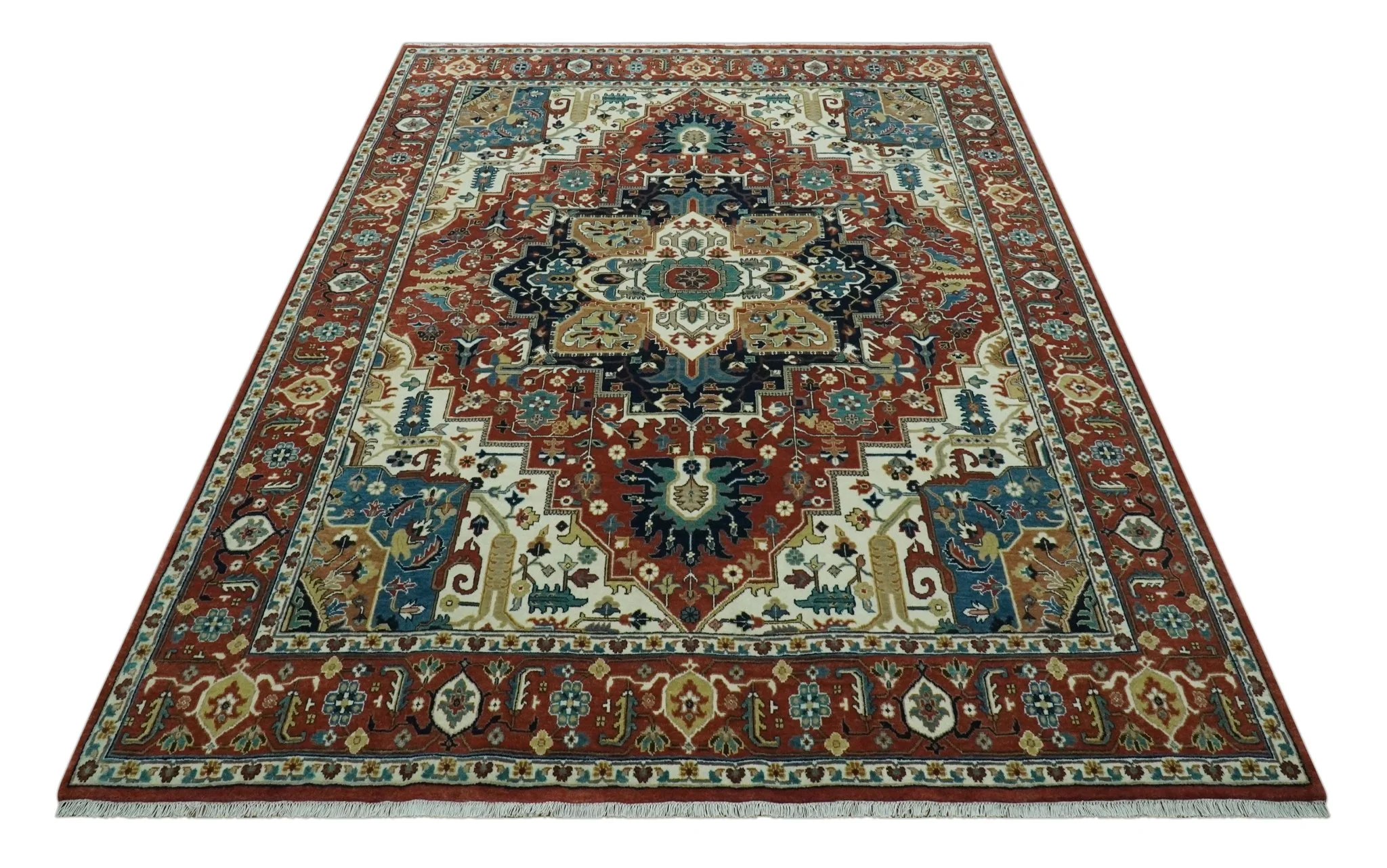 Premium look Fine Hand Knotted Rust, Ivory and Beige Traditional Heriz 8x10 wool rug - Image 10