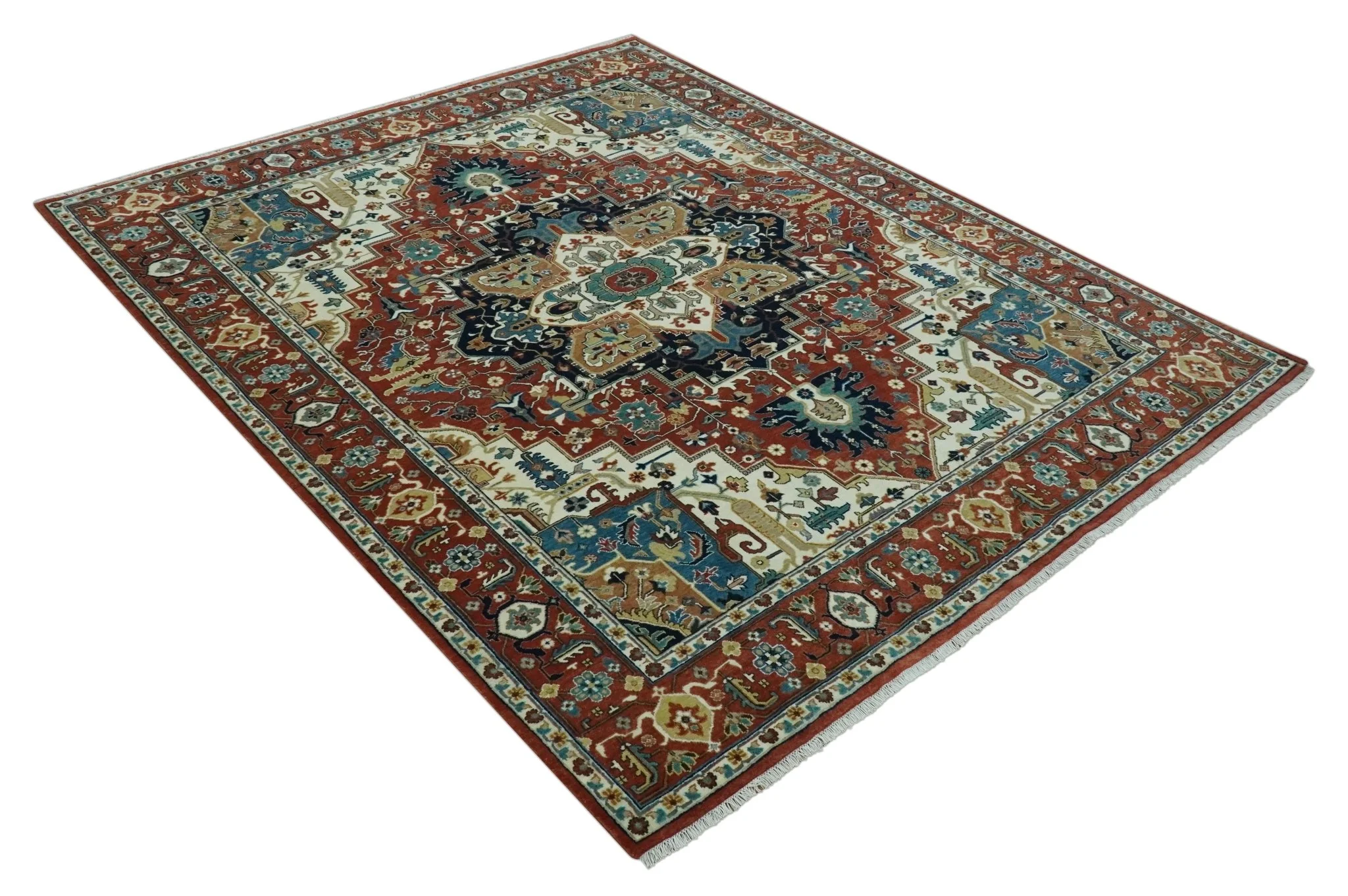 Premium look Fine Hand Knotted Rust, Ivory and Beige Traditional Heriz 8x10 wool rug - Image 9