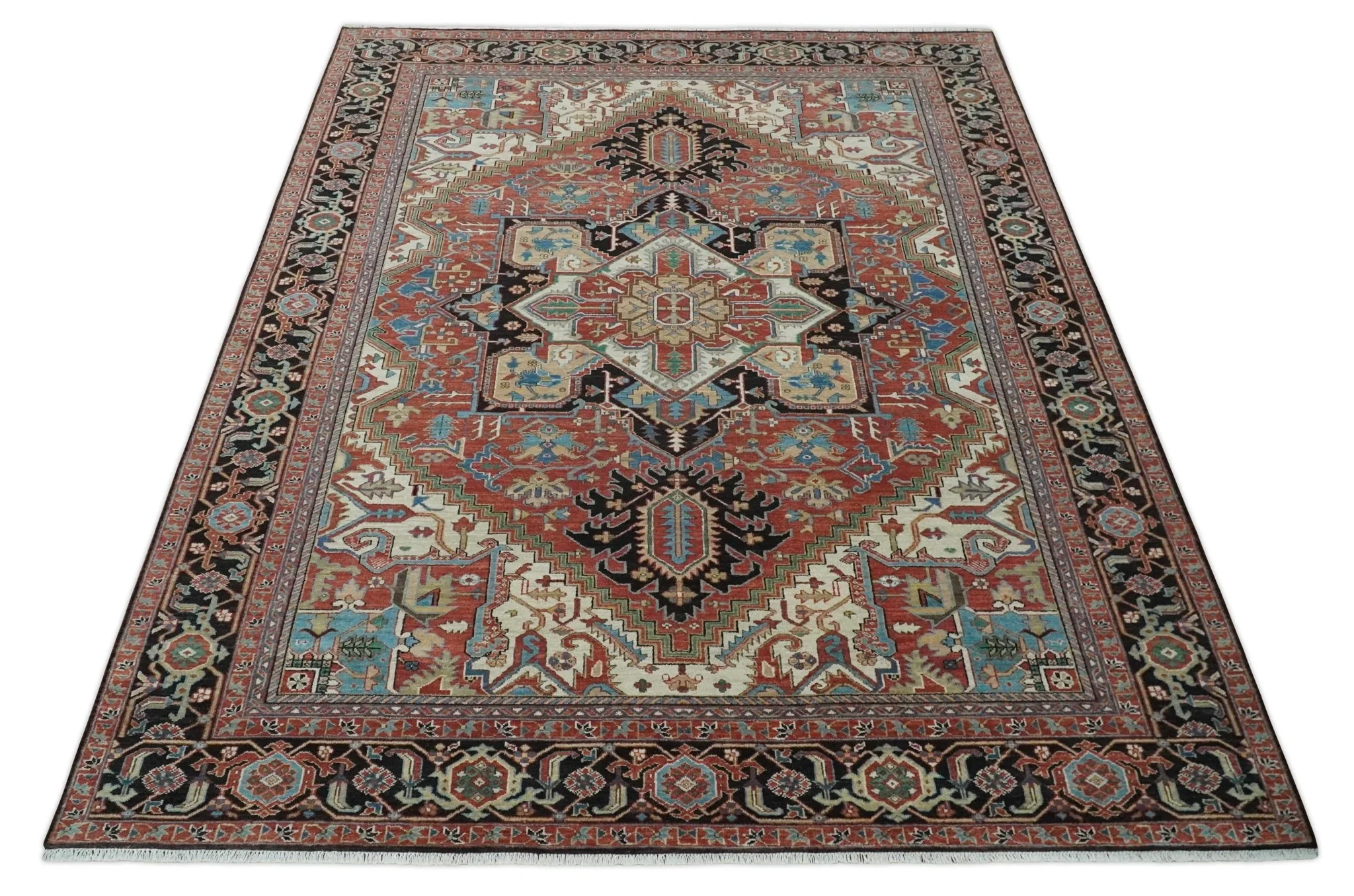 8x10 and 9x12 Hand Knotted Rust, Ivory and Black Traditional Wool Area Rug - Image 10