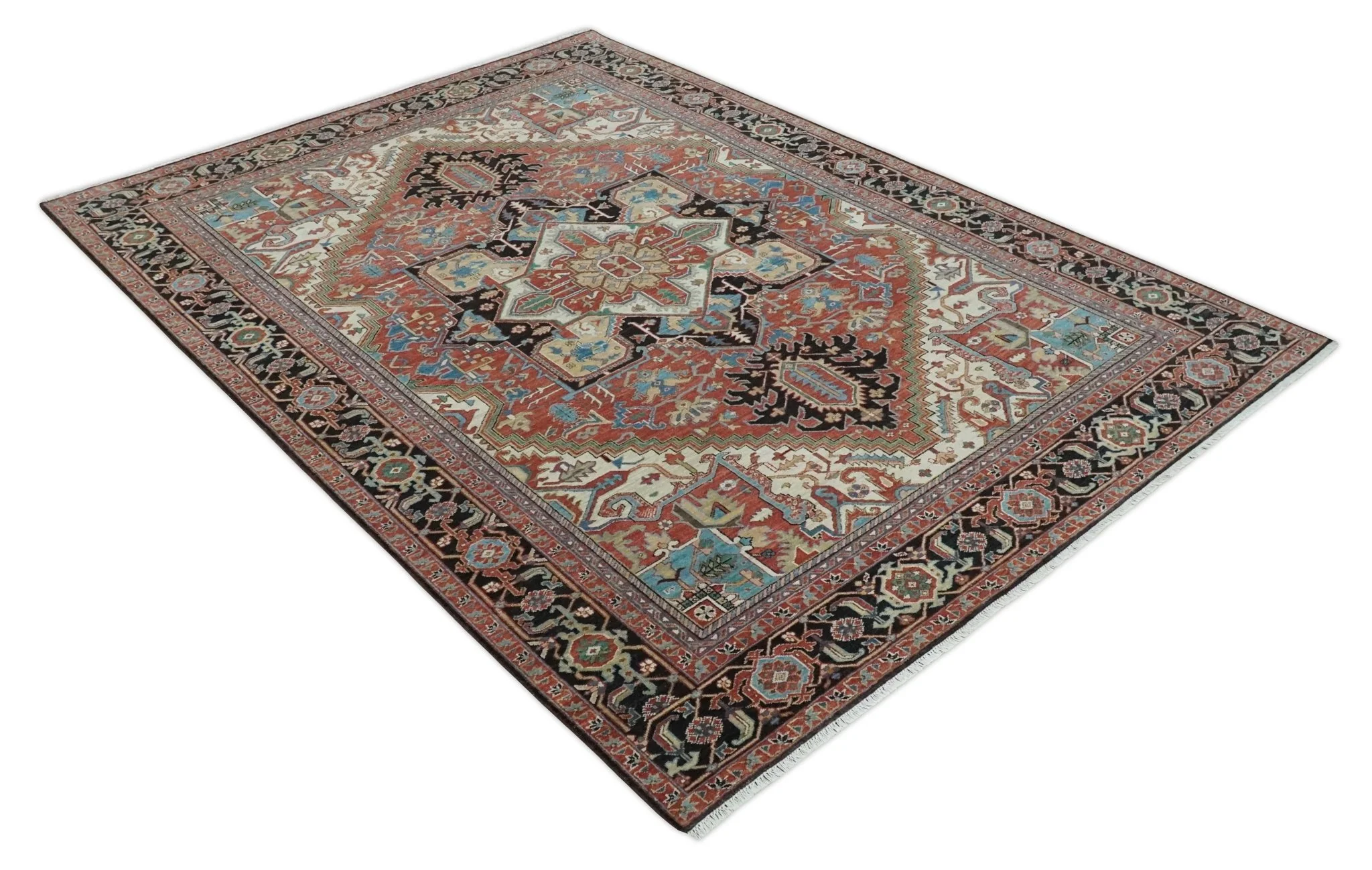 8x10 and 9x12 Hand Knotted Rust, Ivory and Black Traditional Wool Area Rug - Image 9