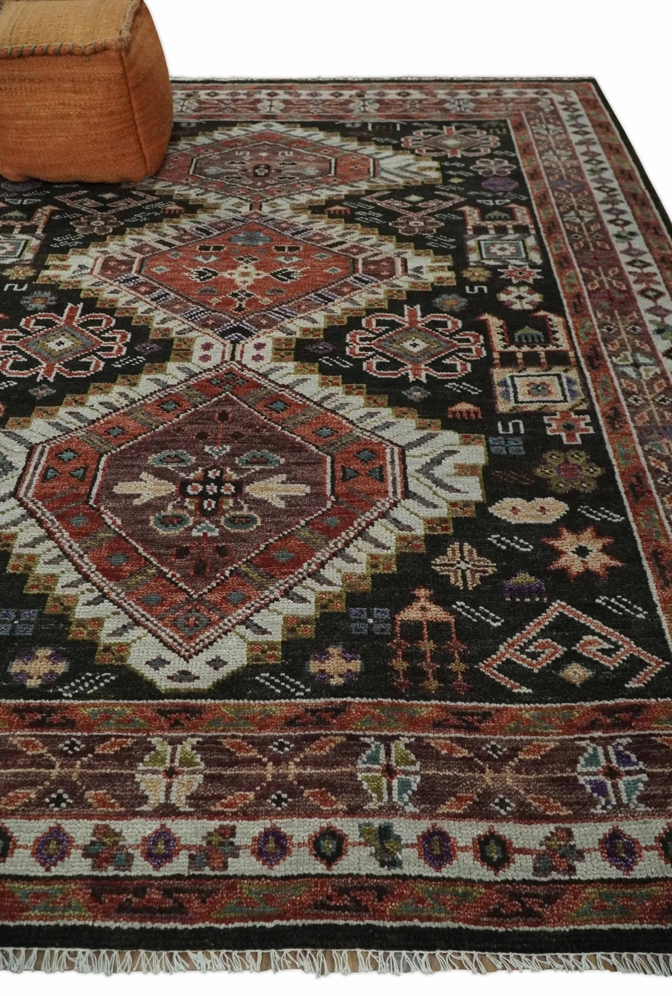 Hand Knotted Rust, Ivory and Black Traditional Antique Multi Size Wool Area Rug - Image 3